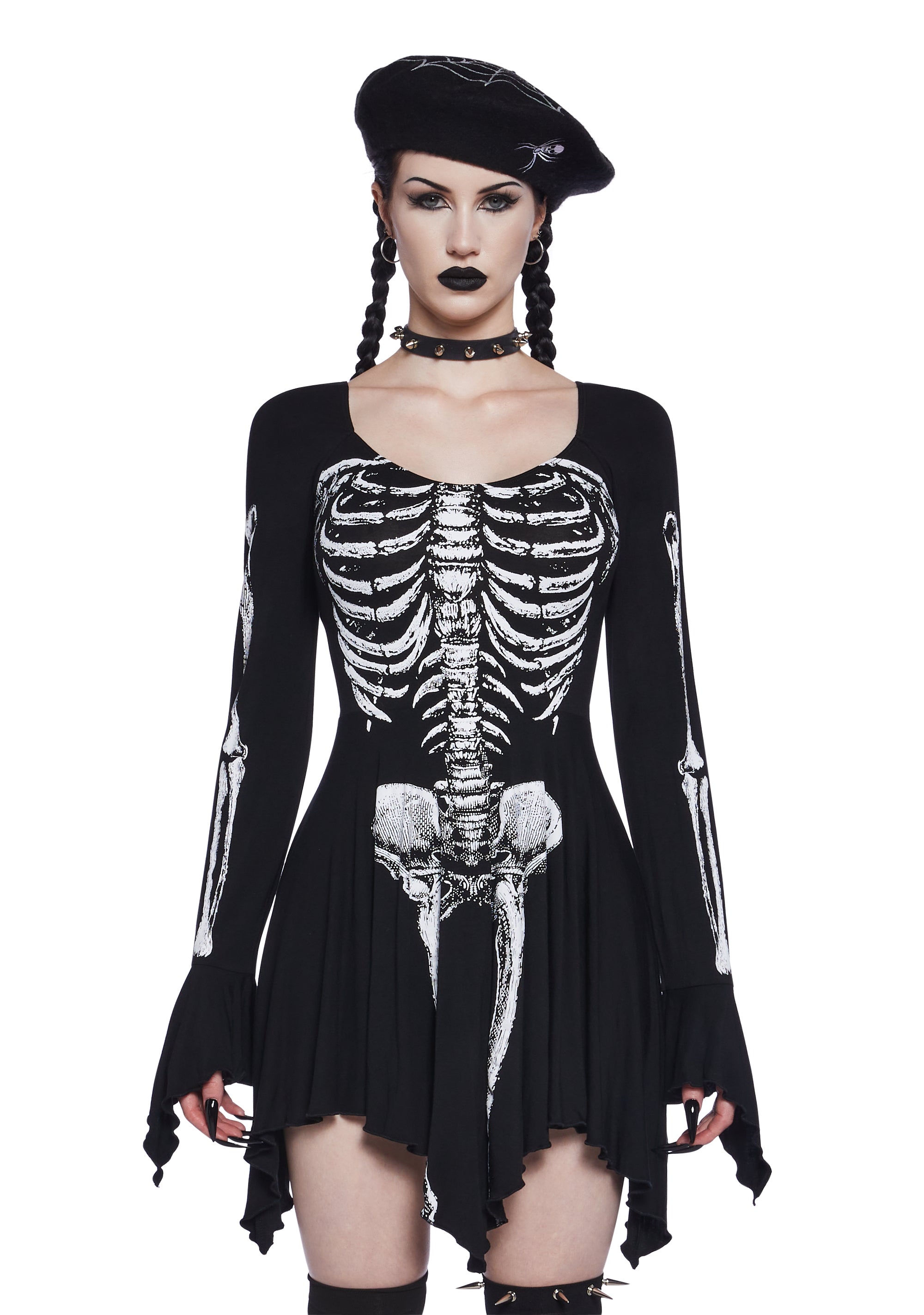 Trickz N' Treatz Goth Stretchy Knit Skeleton Bone Fairy Handkerchief Mini Dress - Black Dolls Kill Trickz N' Treatz Goth Stretchy Knit Skeleton Bone Fairy Handkerchief Mini Dress - Black Dolls Kill