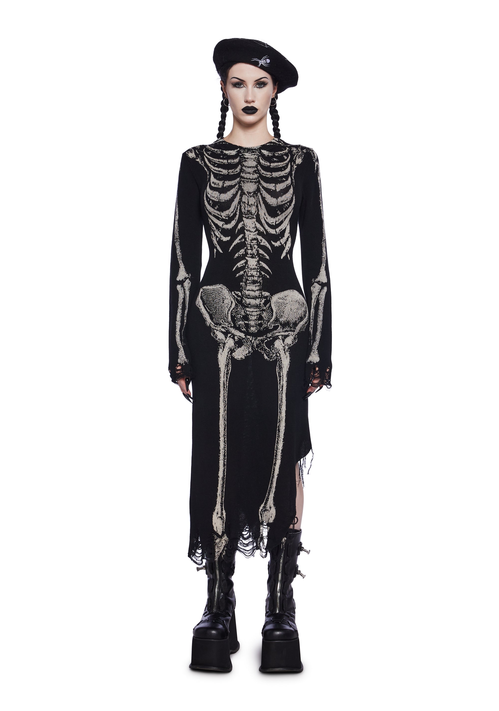 Trickz N' Treatz Stretchy Knit Skeleton Bone Asymmetrical Hem Midi Dress - Black Trickz N' Treatz Stretchy Knit Skeleton Bone Asymmetrical Hem Midi Dress - Black