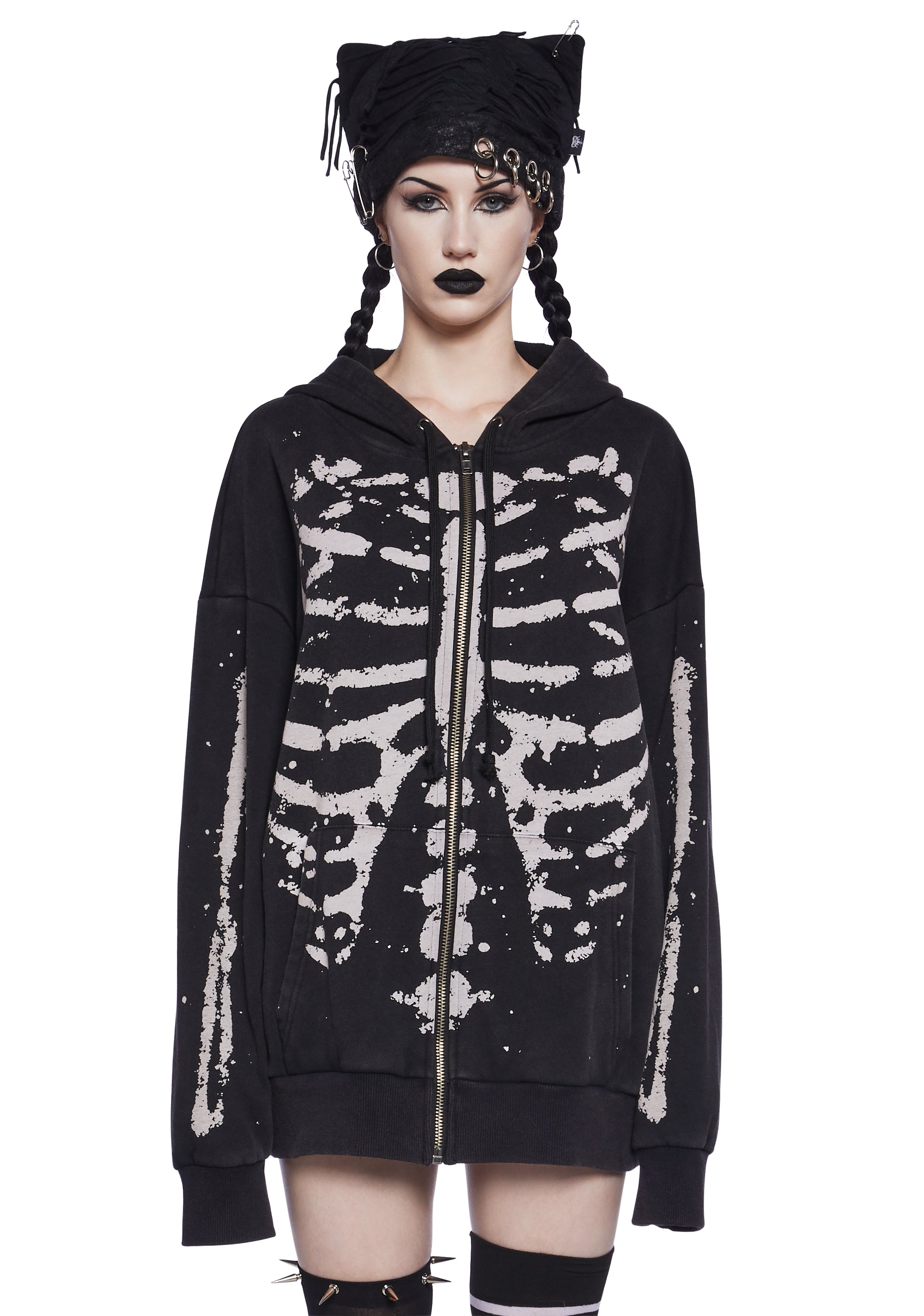 Trickz N' Treatz Bleached Cotton Skeleton Graphic Zip-Up Hoodie -  Black/White – Dolls Kill