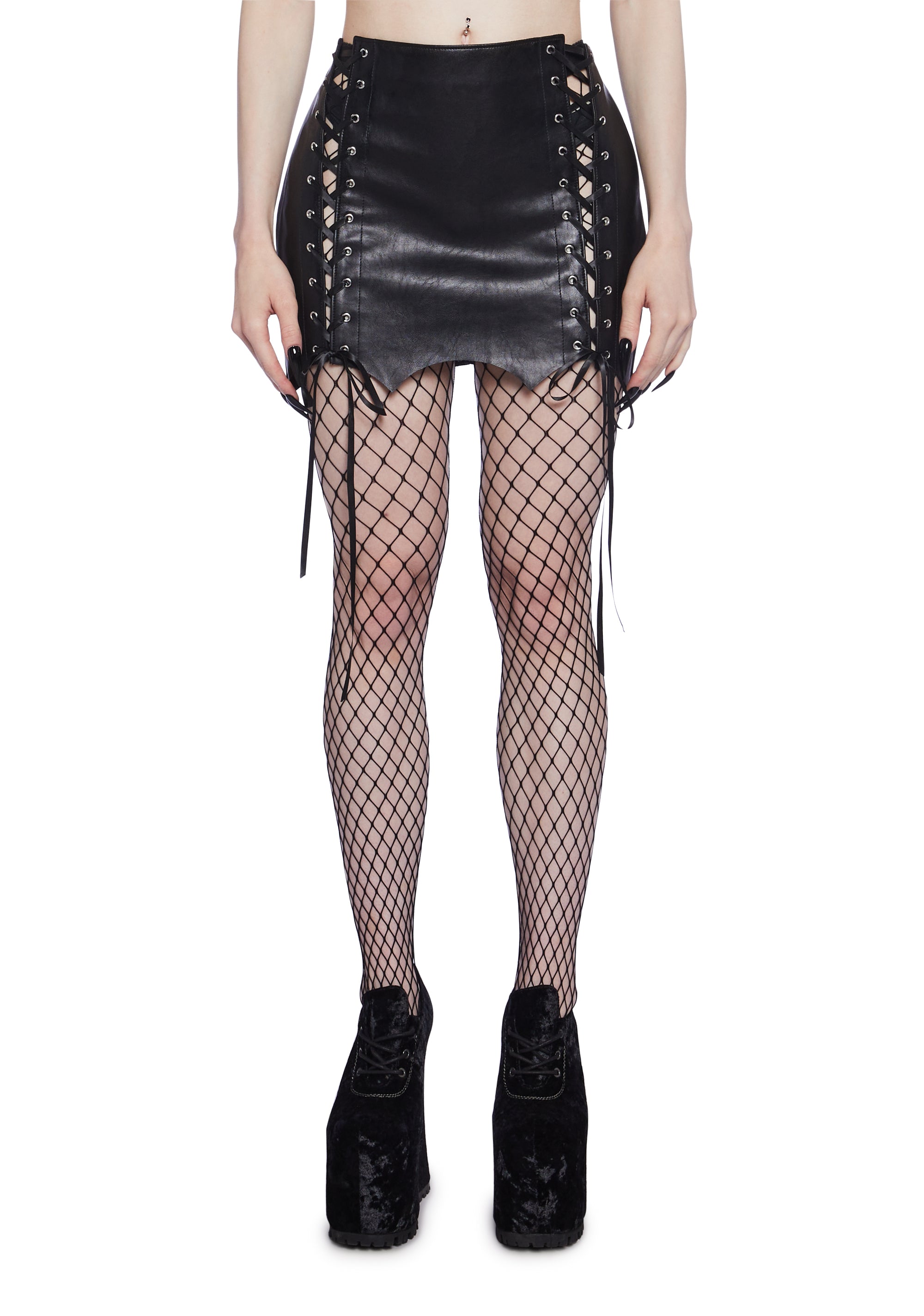 Trickz N' Treatz Goth Vegan Leather Bat Wing Lace-Up Mini Skirt