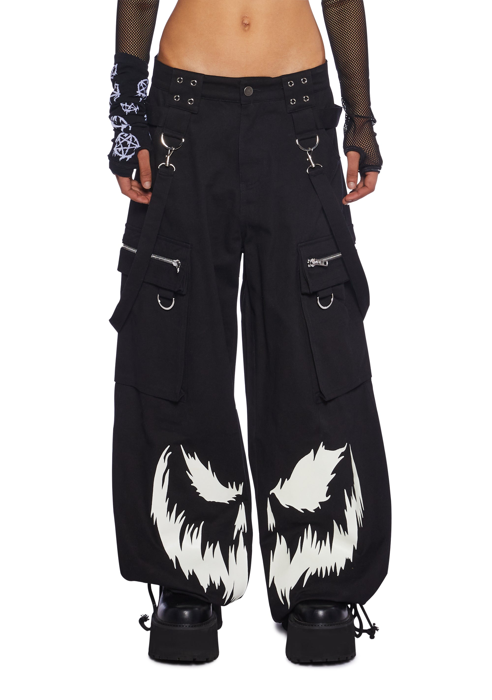Trickz N' Treatz Halloween Wide Leg Glow In The Dark Jack-O-Lantern  Drawstring Pants - Black