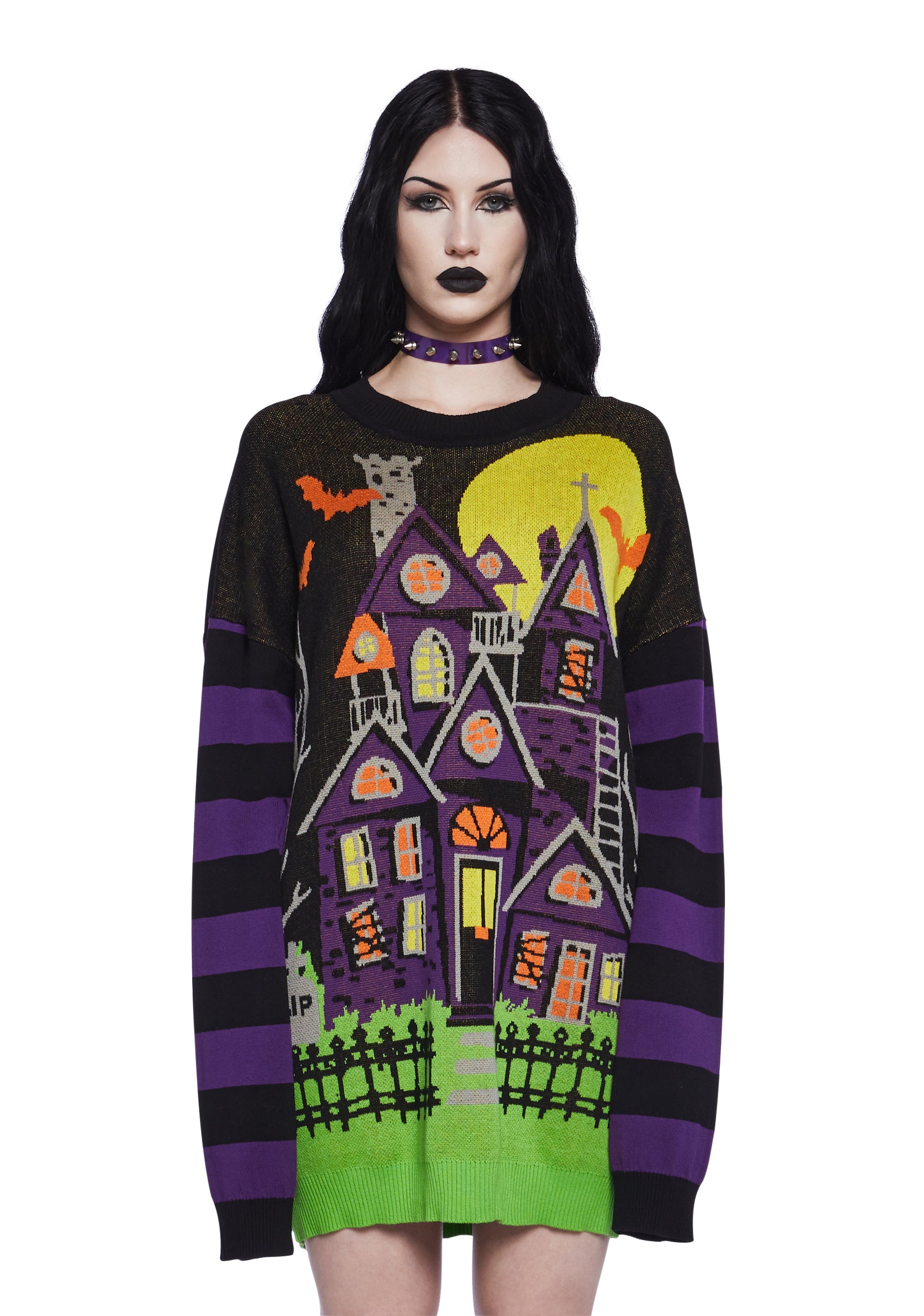 Halloween Women's Ribbed Knit Striped Haunted House Intarsia