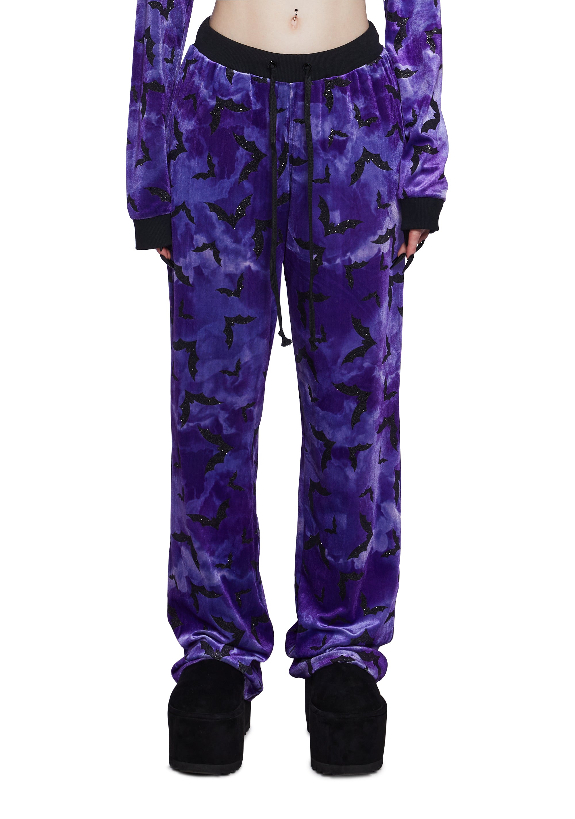 Halloween Women's Glitter Bat Print Jogger Sweatpants Purple