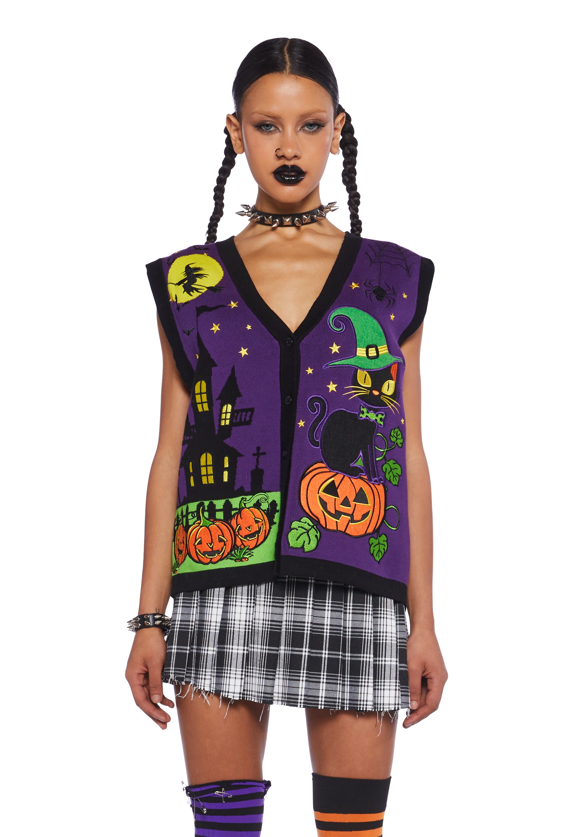 Halloween Women s Haunted House Black Cat Witch Bat Sweater Vest Multi Dolls Kill