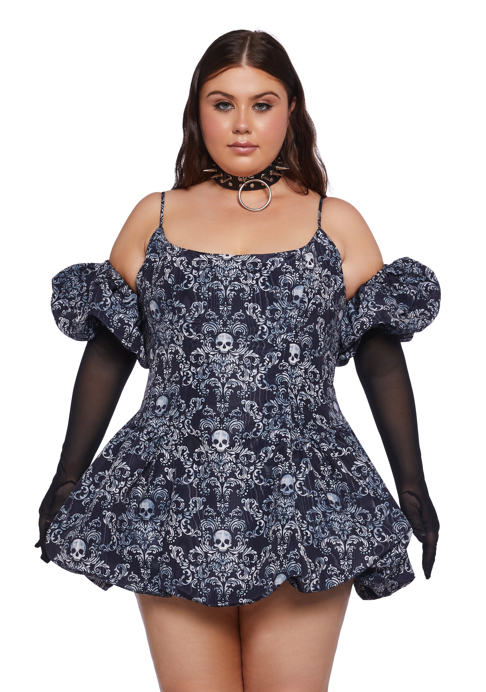 Plus Size Sexy Womans Halloween Costume Skull Print Taffeta Mini Dress With Gloves - Black Dolls Kill Plus Size Sexy Womans Halloween Costume Skull Print Taffeta Mini Dress With Gloves - Black Dolls Kill