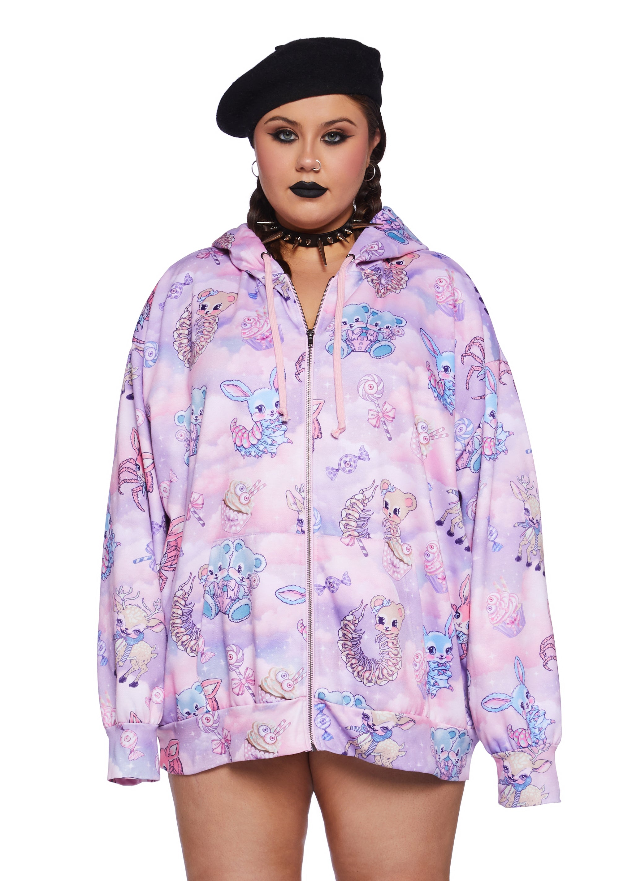 Plus Size Sexy Womans Halloween Costume Sweet Demented Creatures Zip Up Hoodie Pink Dolls Kill