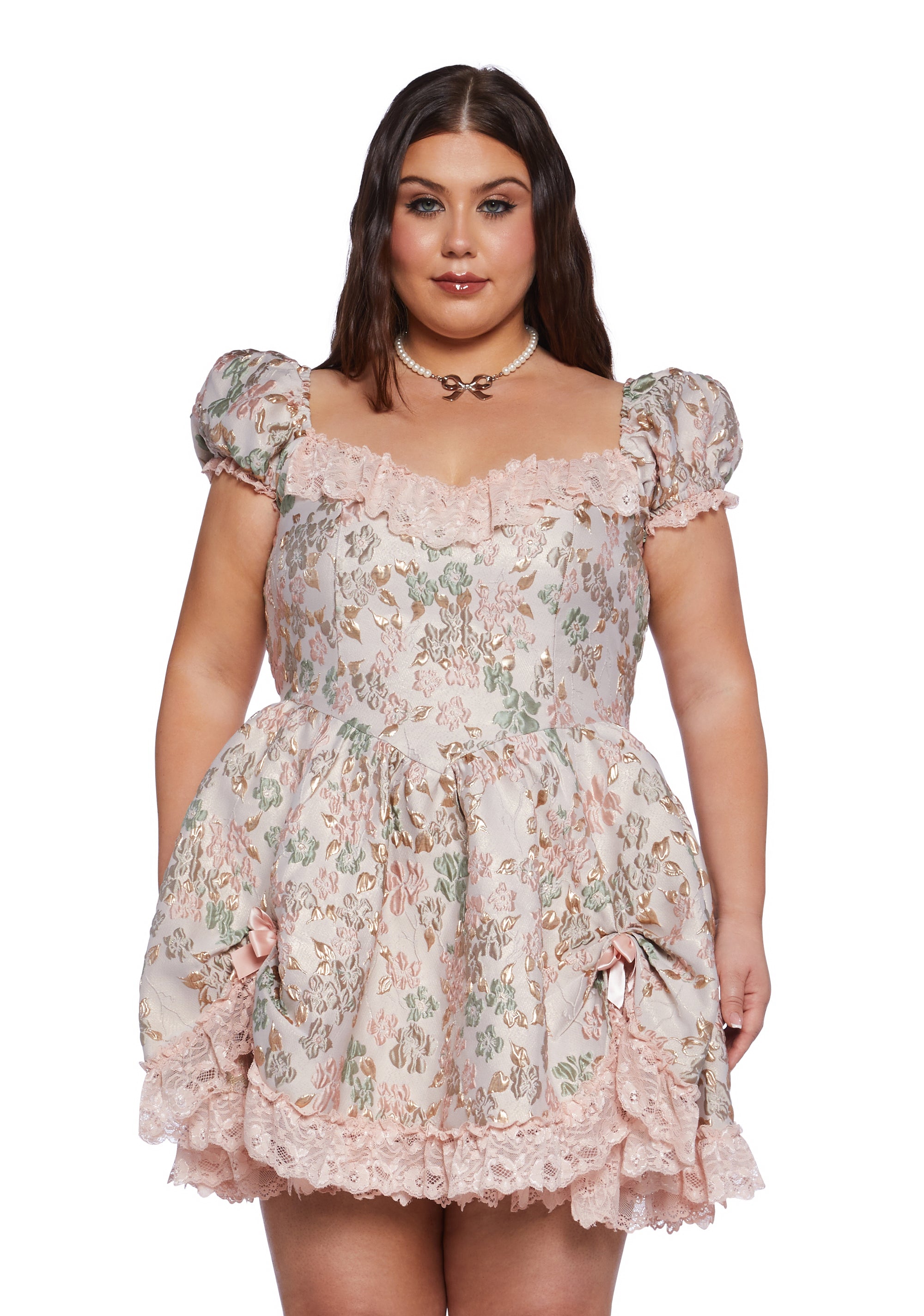 Plus Size Sugar Thrillz Brocade Puffy Sleeve Mini Dress - Pink