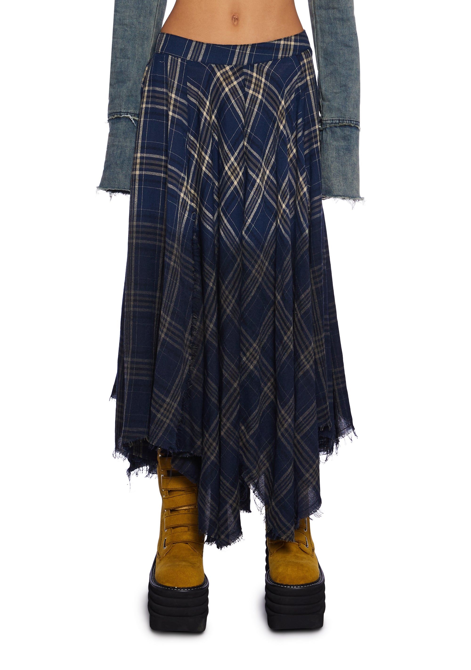 Current Mood Ombre Plaid Low Rise Maxi Skirt Blue Dolls Kill