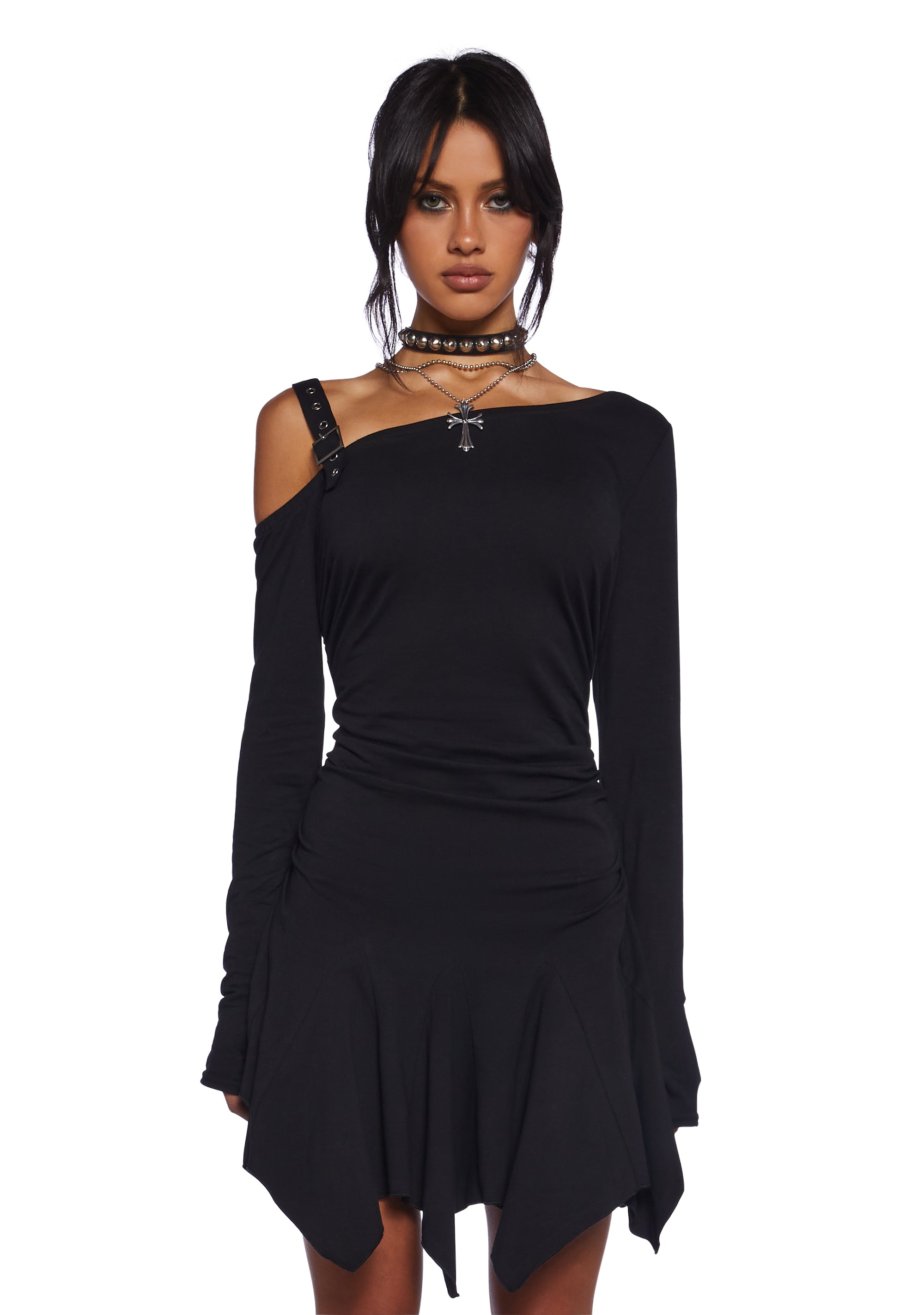 Current Mood Buckle Detail Long Sleeve Mini Dress With Godet Hem School  Punk - Black