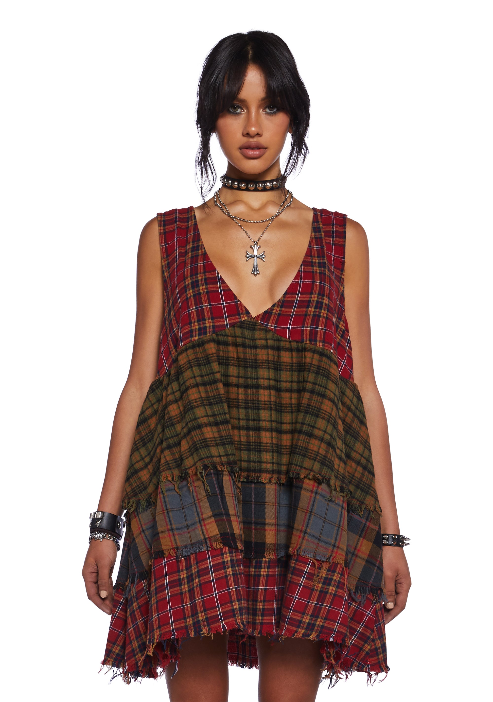 Current Mood Grunge Tiered Mixed Plaid Raw Hem Babydoll Dress Multi
