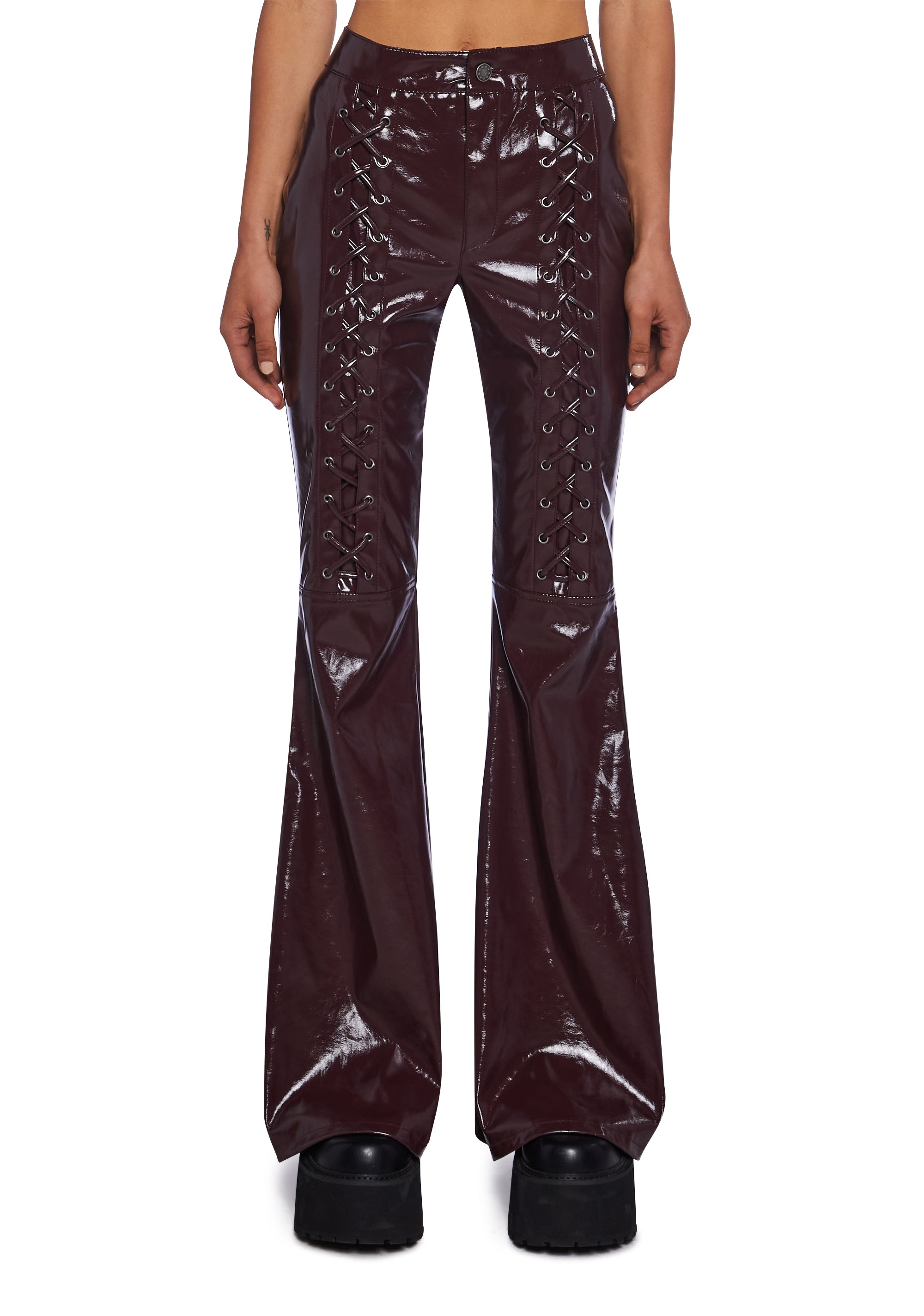 Delia s Patent Vegan Leather Lace Up Flare Pants Red Dolls Kill