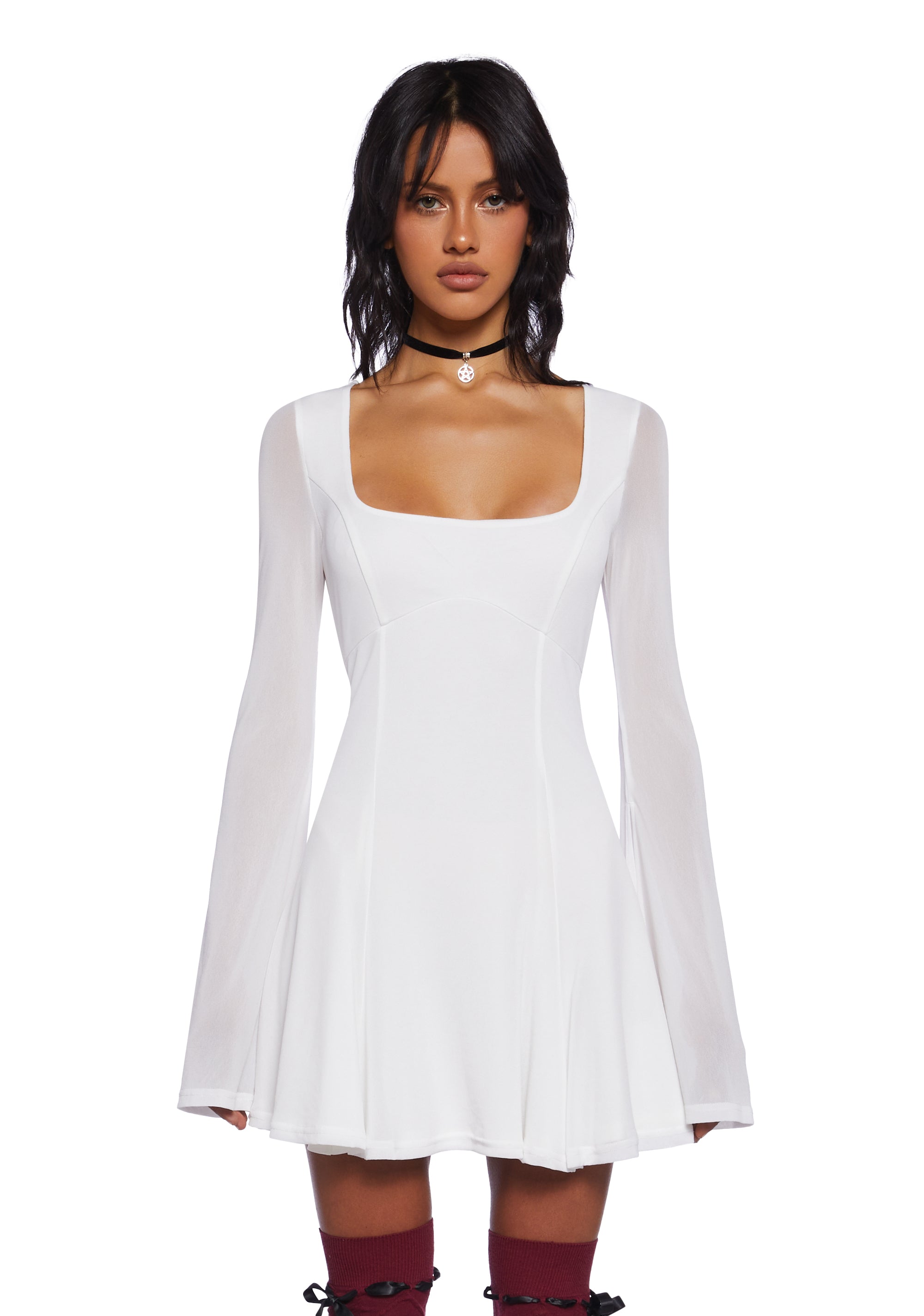 Delia's Academia Stretchy Mesh Long Flare Sleeve Mini Dress - White Dolls Kill Delia's Academia Stretchy Mesh Long Flare Sleeve Mini Dress - White Dolls Kill