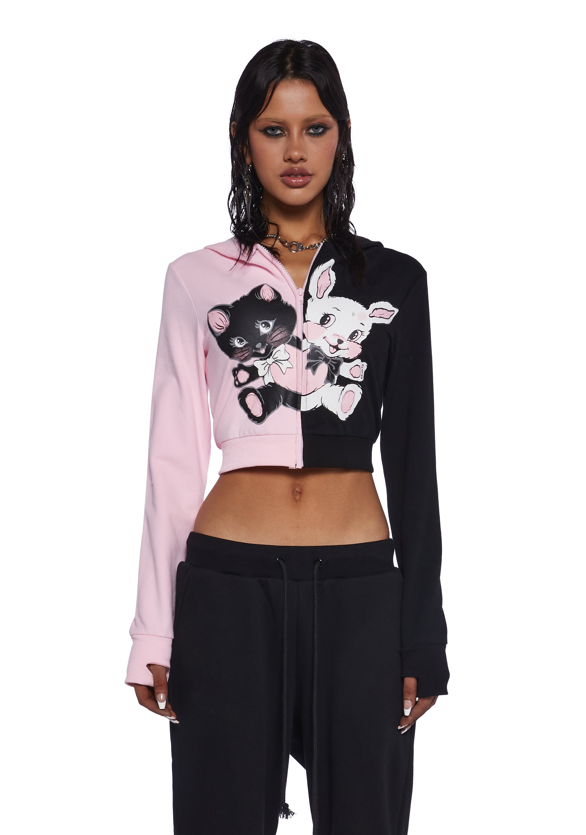 Sugar Thrillz Pastel Goth Contrast Kitten Bunny Cropped Graphic Zip Up Hoodie Black Pink