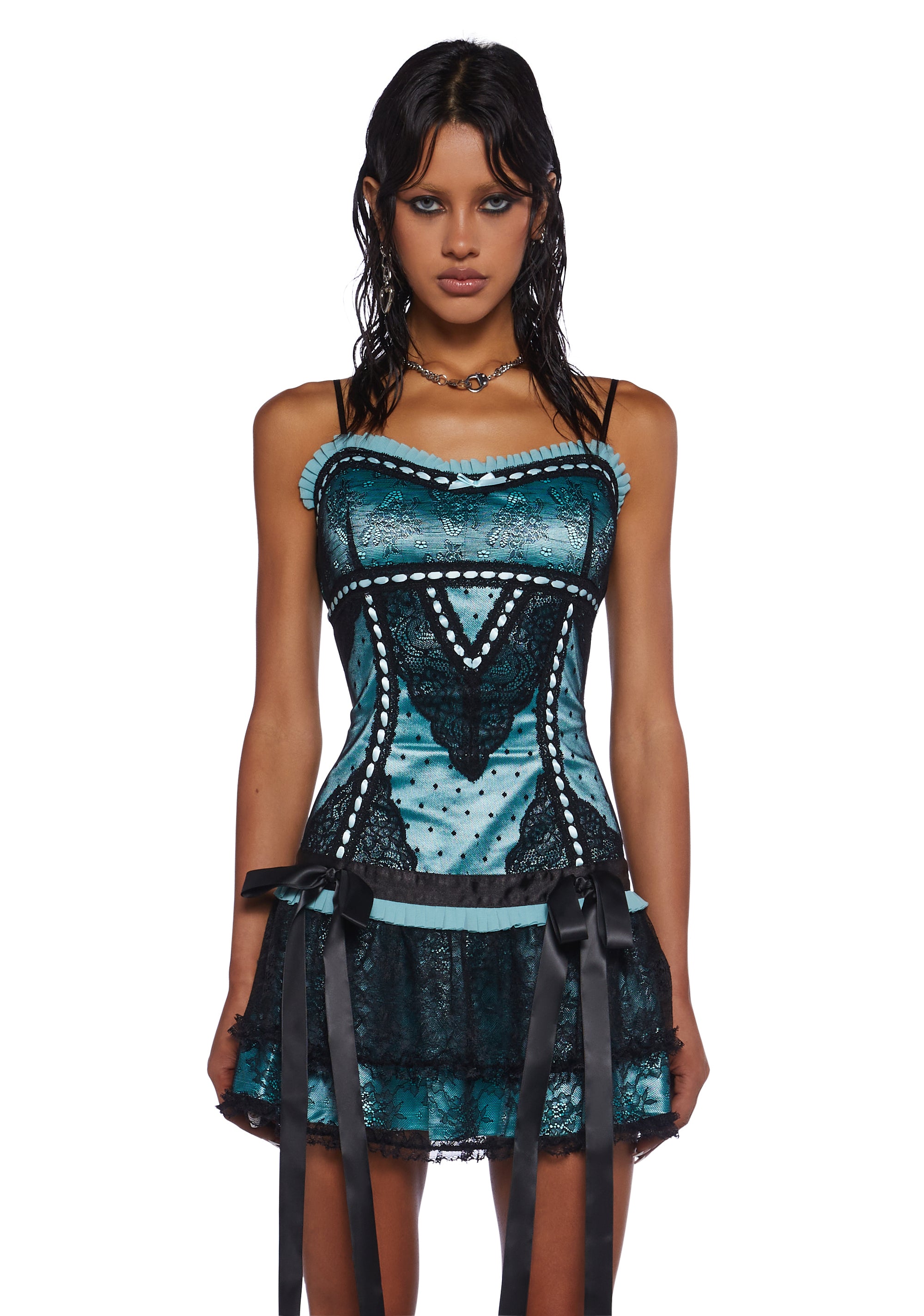 Sugar Thrillz Pastel Goth Satin Lace Swiss Dot Bow Drop Waist Mini Dress - Multi Dolls Kill Sugar Thrillz Pastel Goth Satin Lace Swiss Dot Bow Drop Waist Mini Dress - Multi Dolls Kill