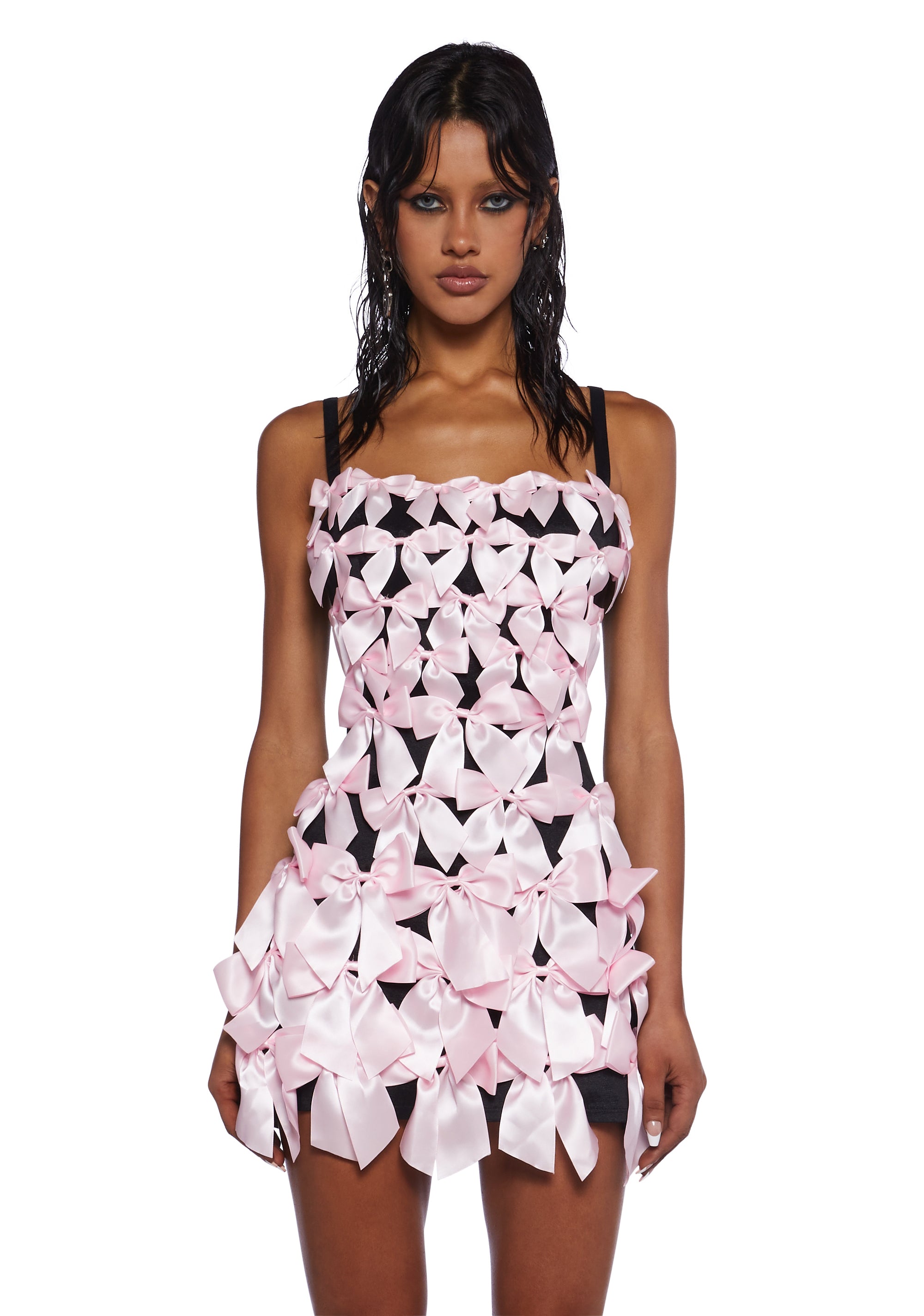 Sugar Thrillz Pastel Goth Twill Satin Bow Mini Dress - Black/Pink Dolls Kill Sugar Thrillz Pastel Goth Twill Satin Bow Mini Dress - Black/Pink Dolls Kill