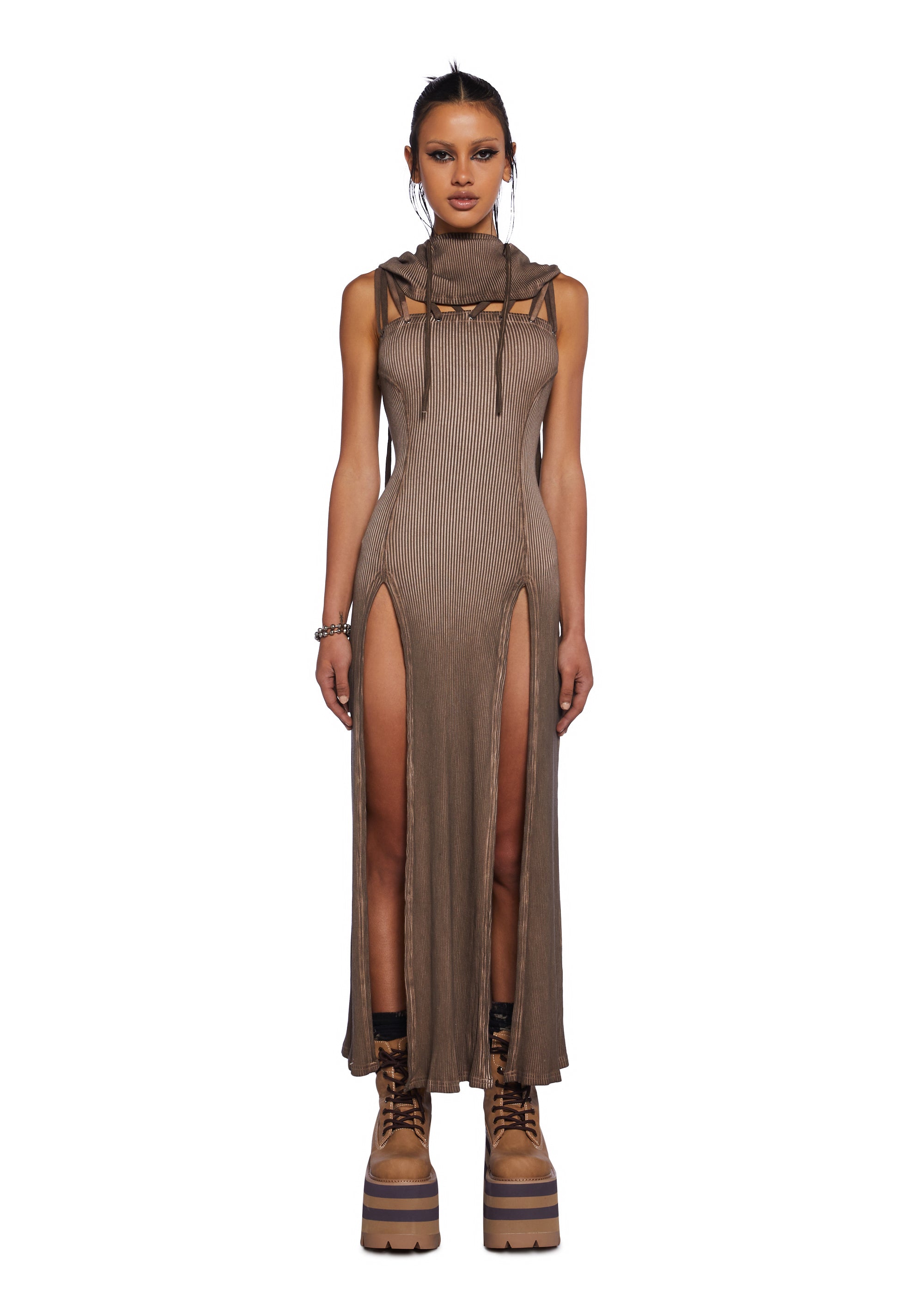 Darker Wavs Smoke Hooded High Slit Maxi Dress - Brown Dolls Kill Darker Wavs Smoke Hooded High Slit Maxi Dress - Brown Dolls Kill