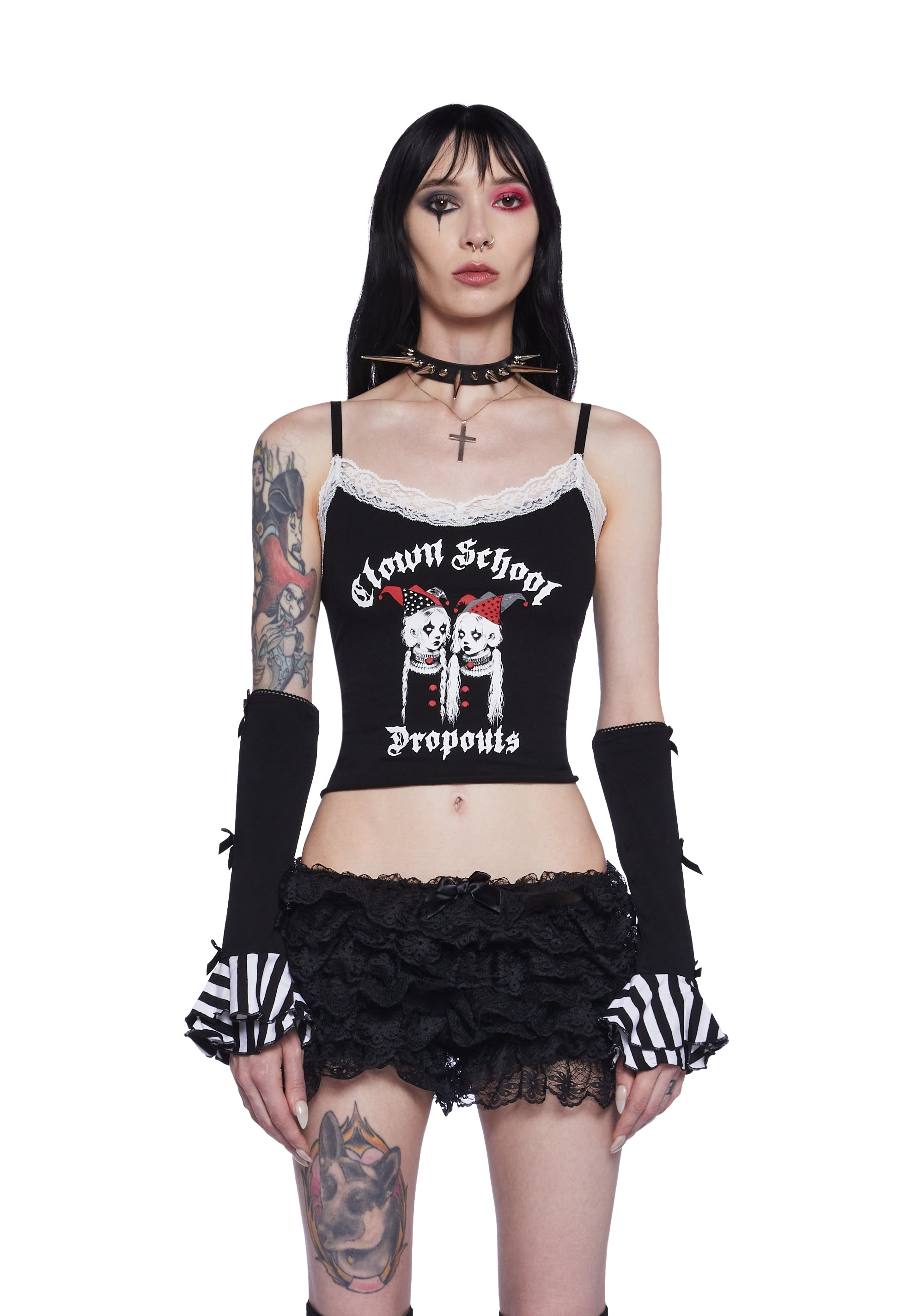 Widow Goth Cirque Noir Stretchy Knit Striped Bow Arm Warmers Black