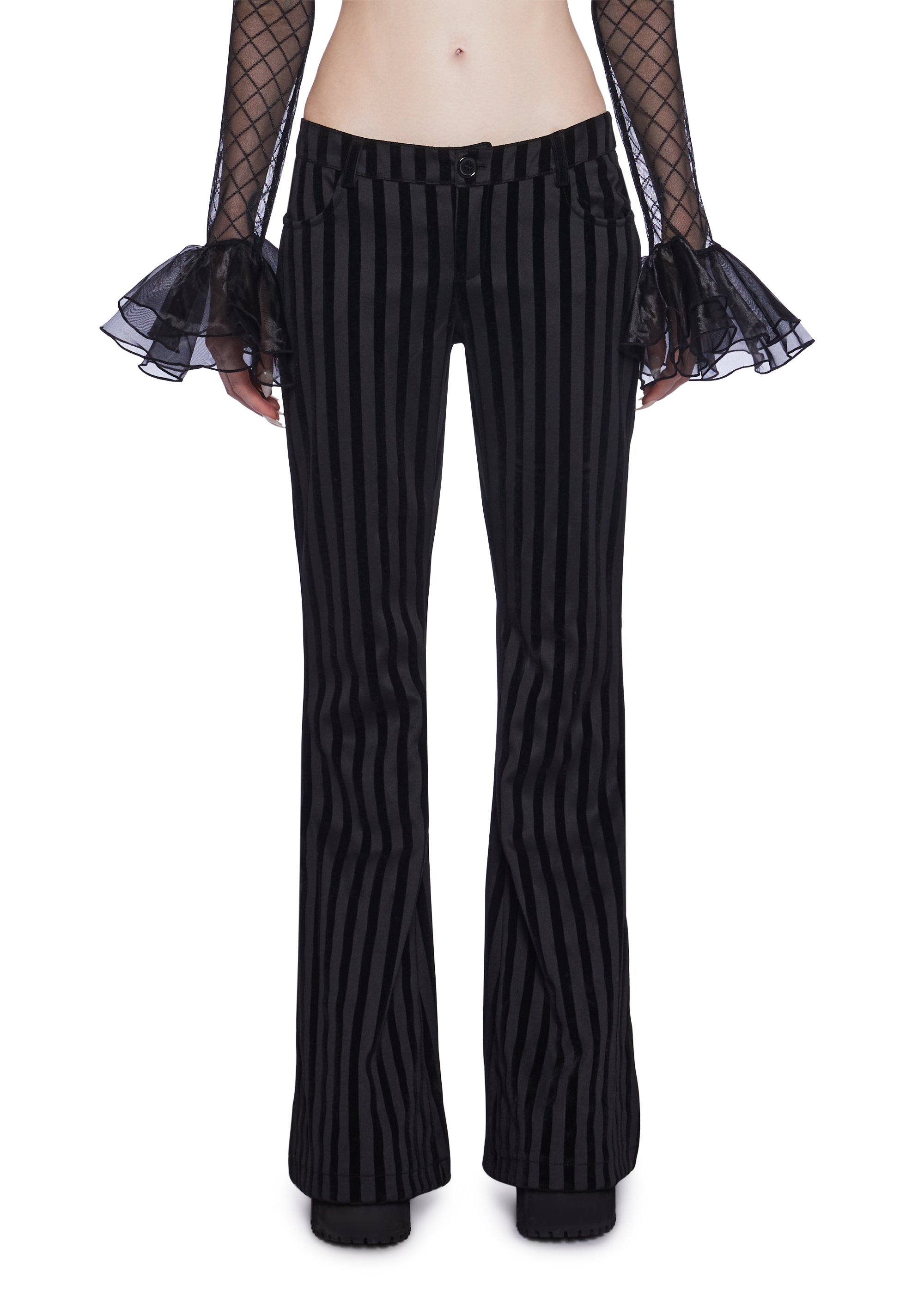 Widow Goth Cirque Noir Striped Twill Velour Flare Pants Black