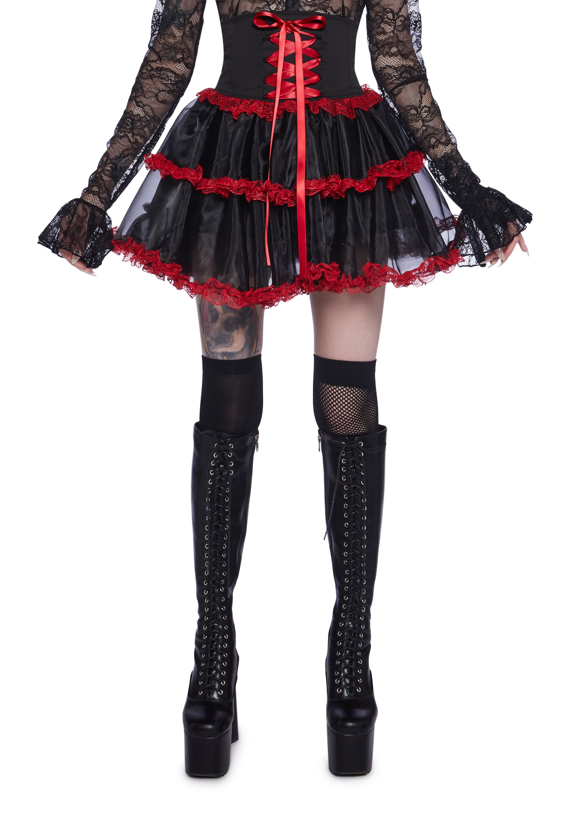 Widow Goth Cirque Noir Twill Tulle Lace Layered Lace-Up Mini Skirt