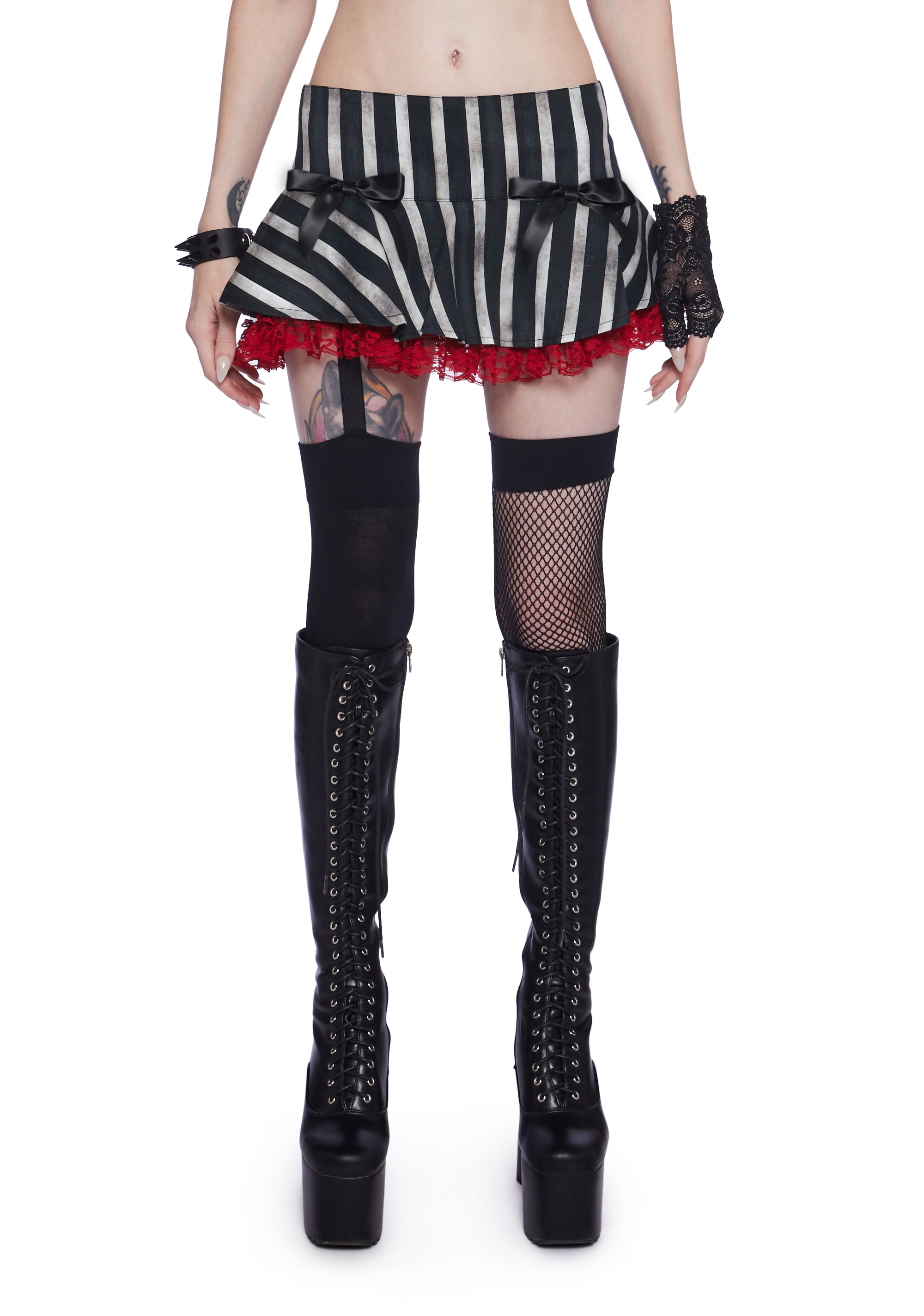 Widow Goth Cirque Noir Bow Striped Lace Mini Skirt Multi Dolls Kill