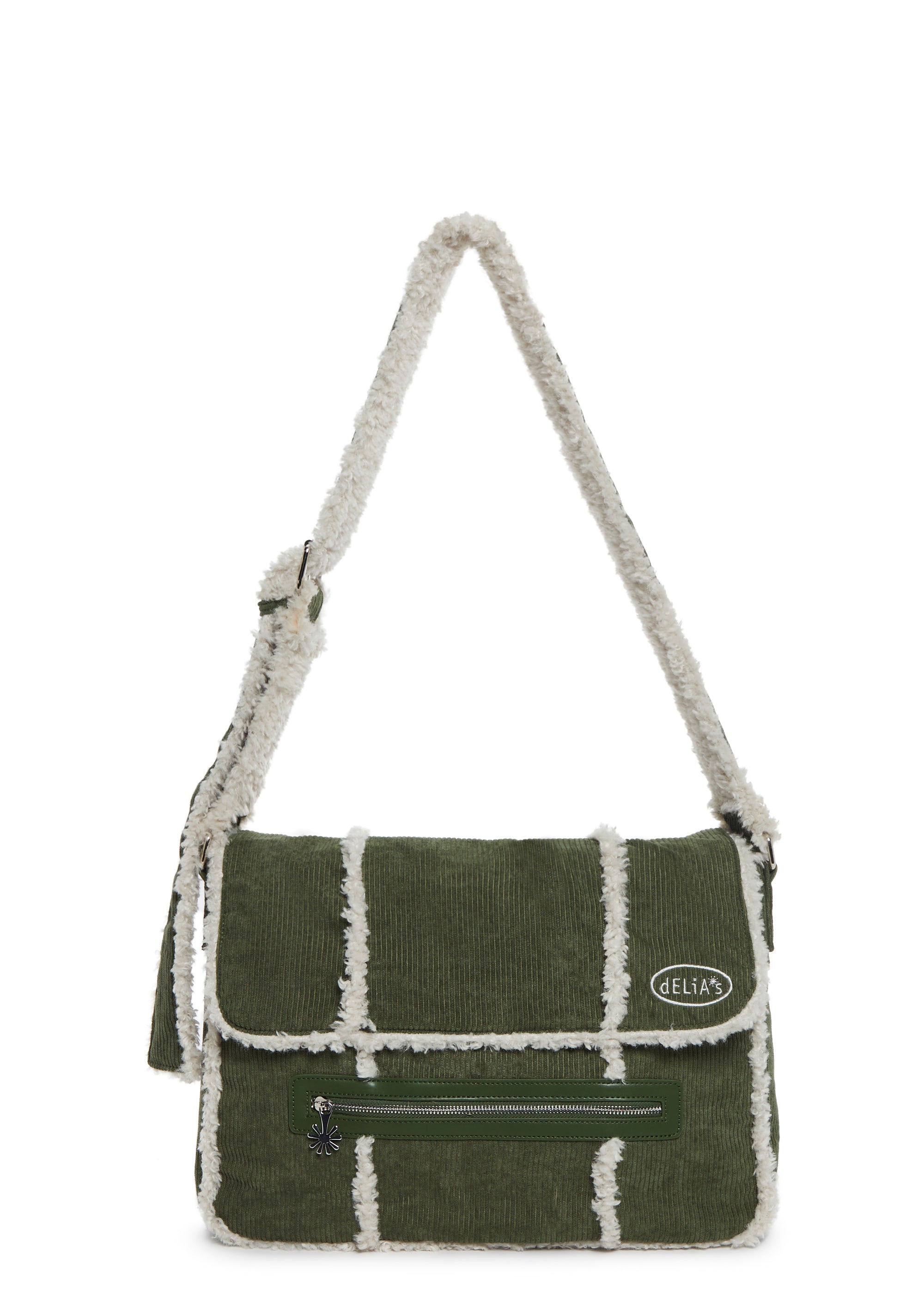 Delia's Corduroy And Shearling Messenger Bag Y2K Retro - Green