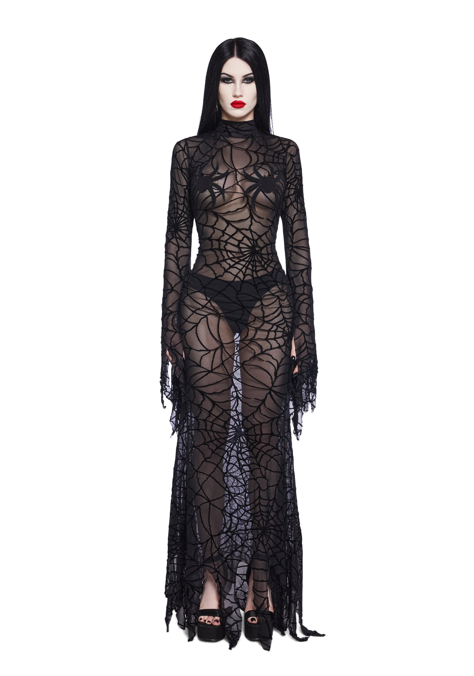 blue dress for baby girl Dolls Kill x Elvira Sheer Mesh Spider Web Maxi Dress Sexy
