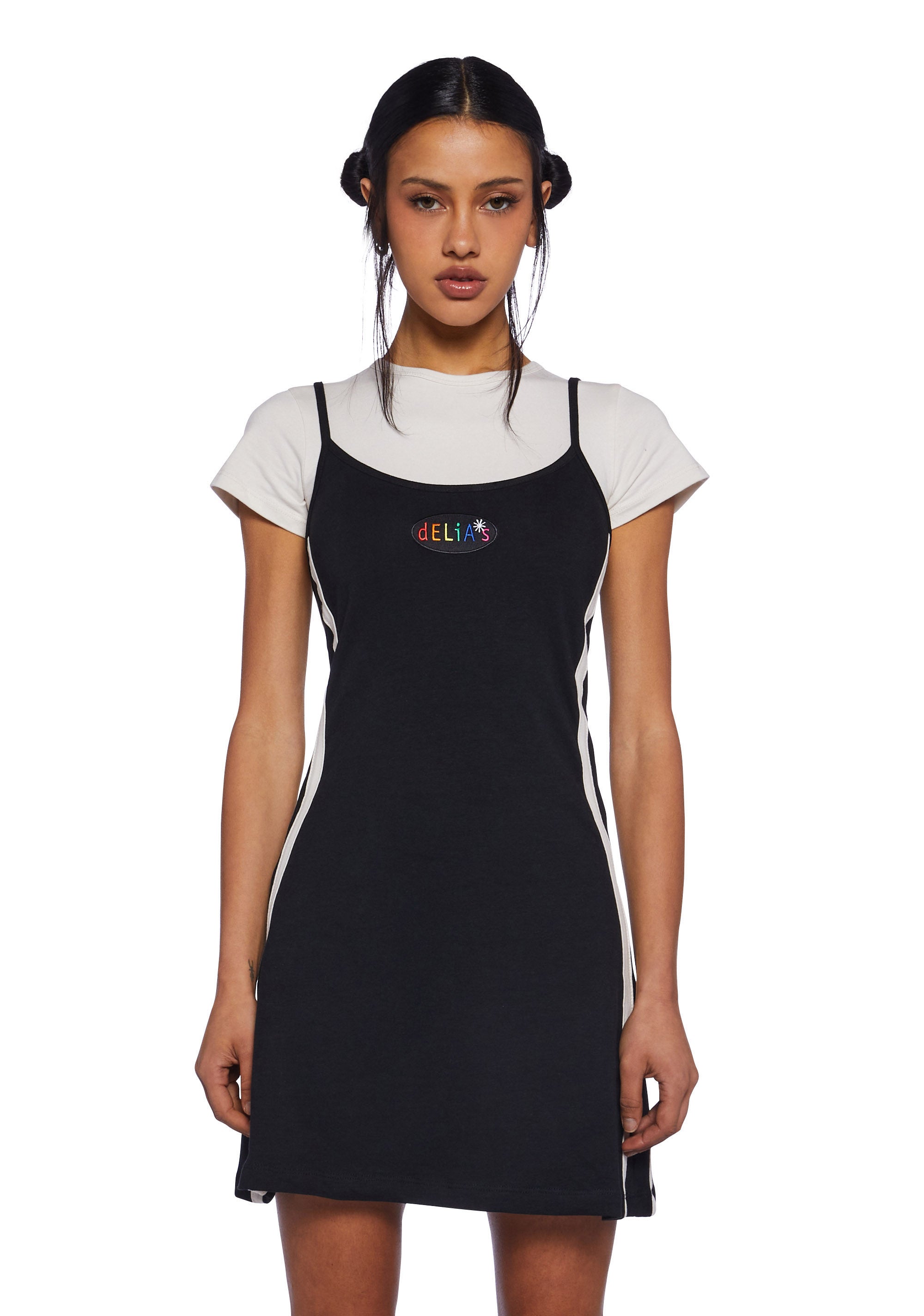 Delia's 2 In 1 Tank Dress With Stripes 90s Y2K Vibes Retro Throwback - Black/White Delia's 2 In 1 Tank Dress With Stripes 90s Y2K Vibes Retro Throwback - Black/White