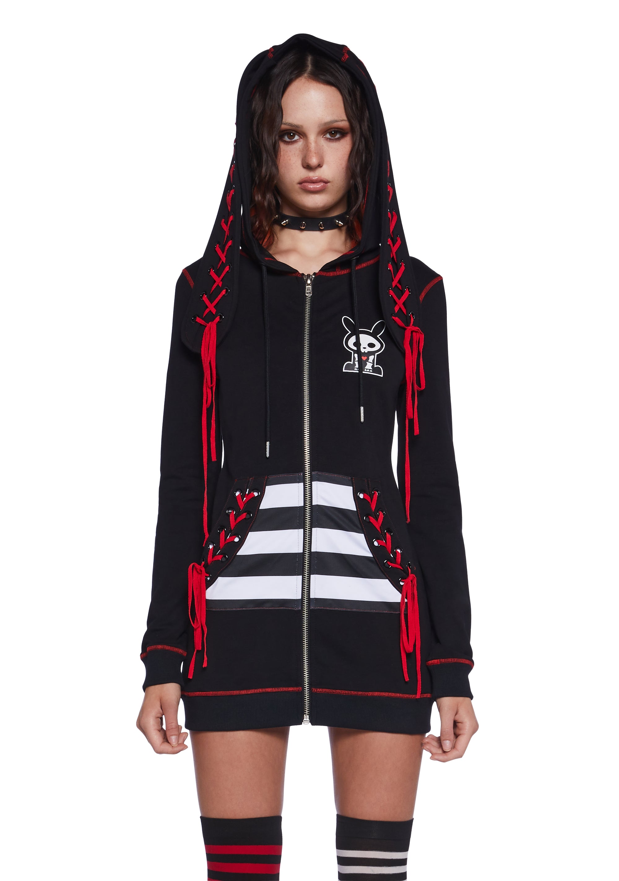 Dolls Kill x Skelanimals Jack Bunny Striped Lace up Bodycon Hoodie Dress Black
