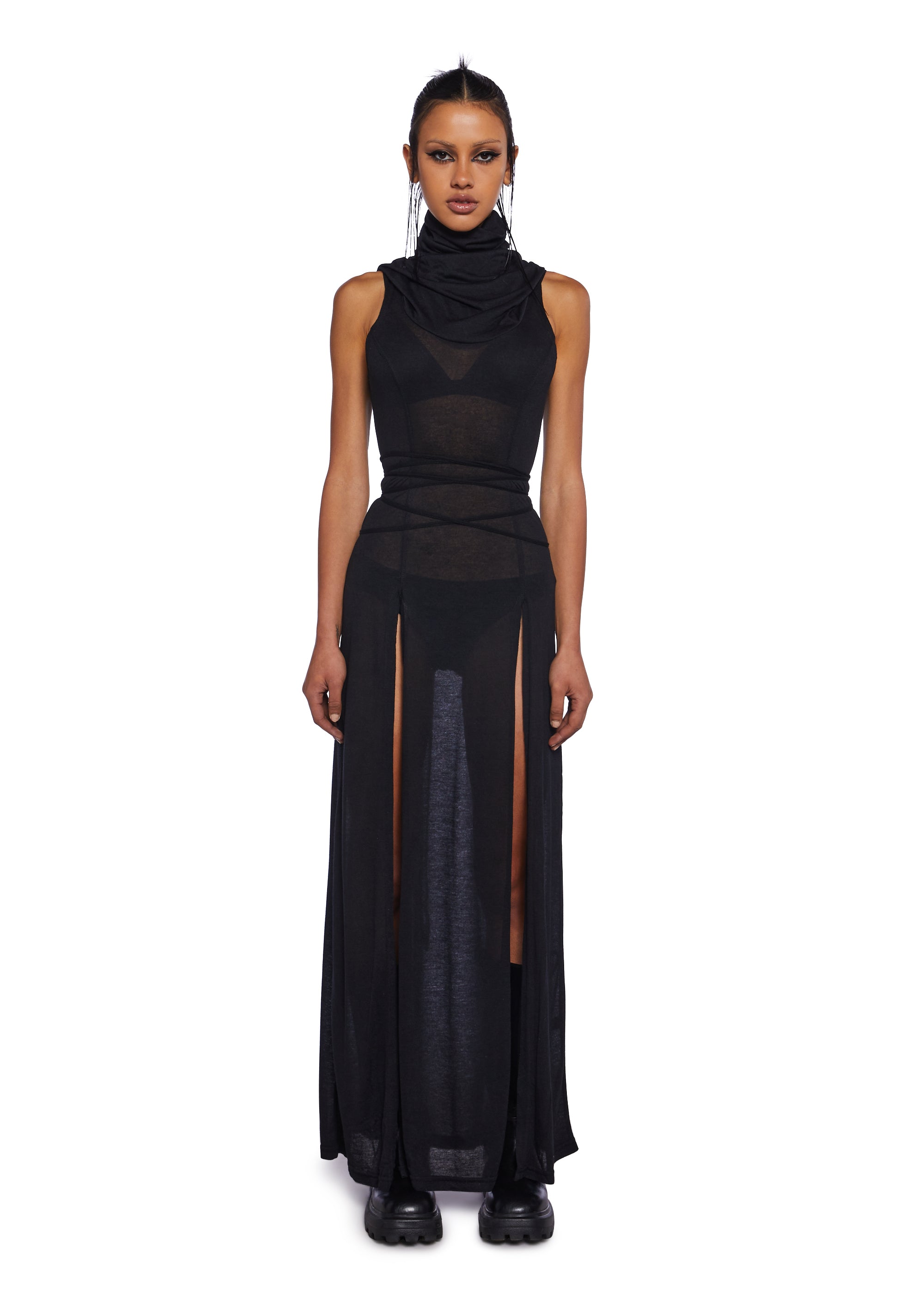 black dress with hood DARKER WAVS Mask Hood Slit Maxi Dress