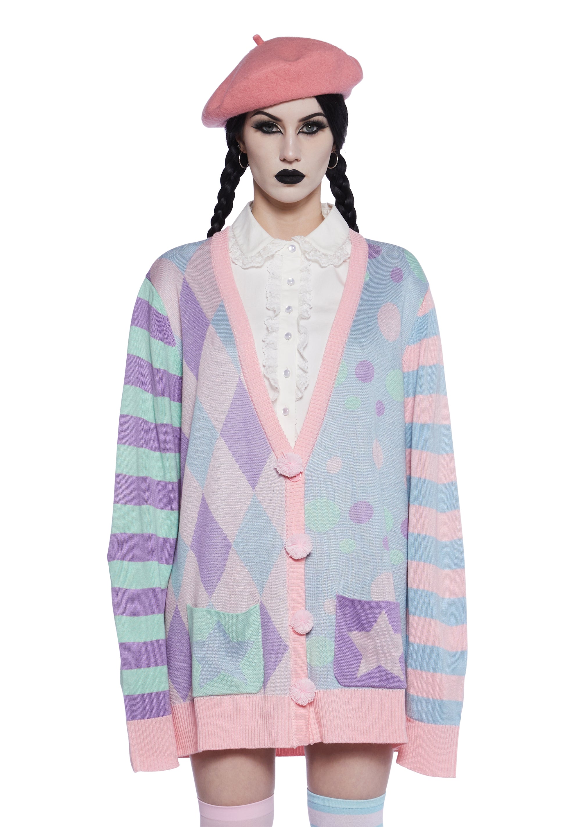 Halloween Womans Goth Pastel Circus Pom-Pom Argyle Striped