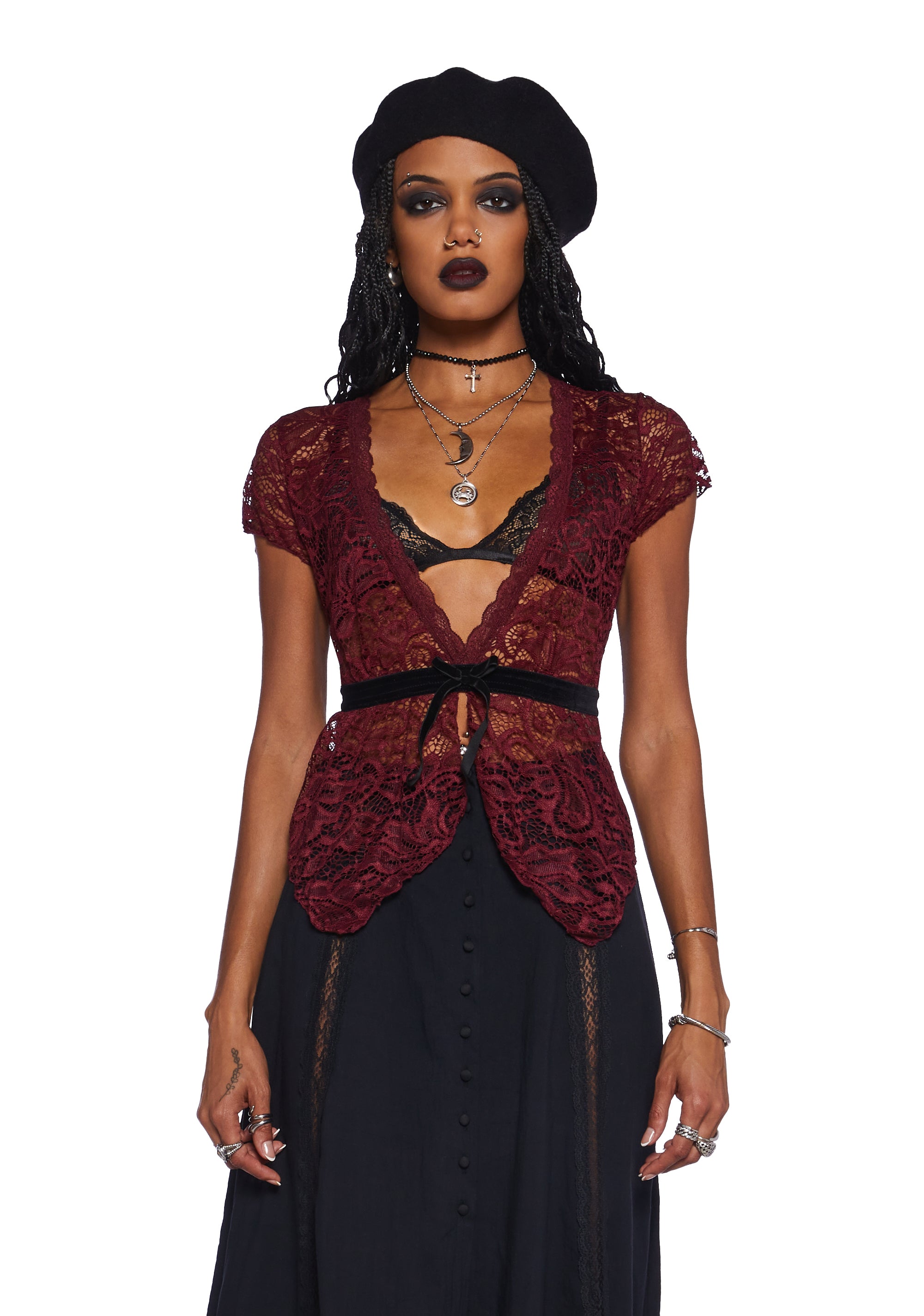 Widow Grunge Stretchy Sheer Floral Lace Bow Deep V-Neckline Cap Sleeve Lace  Top - Red