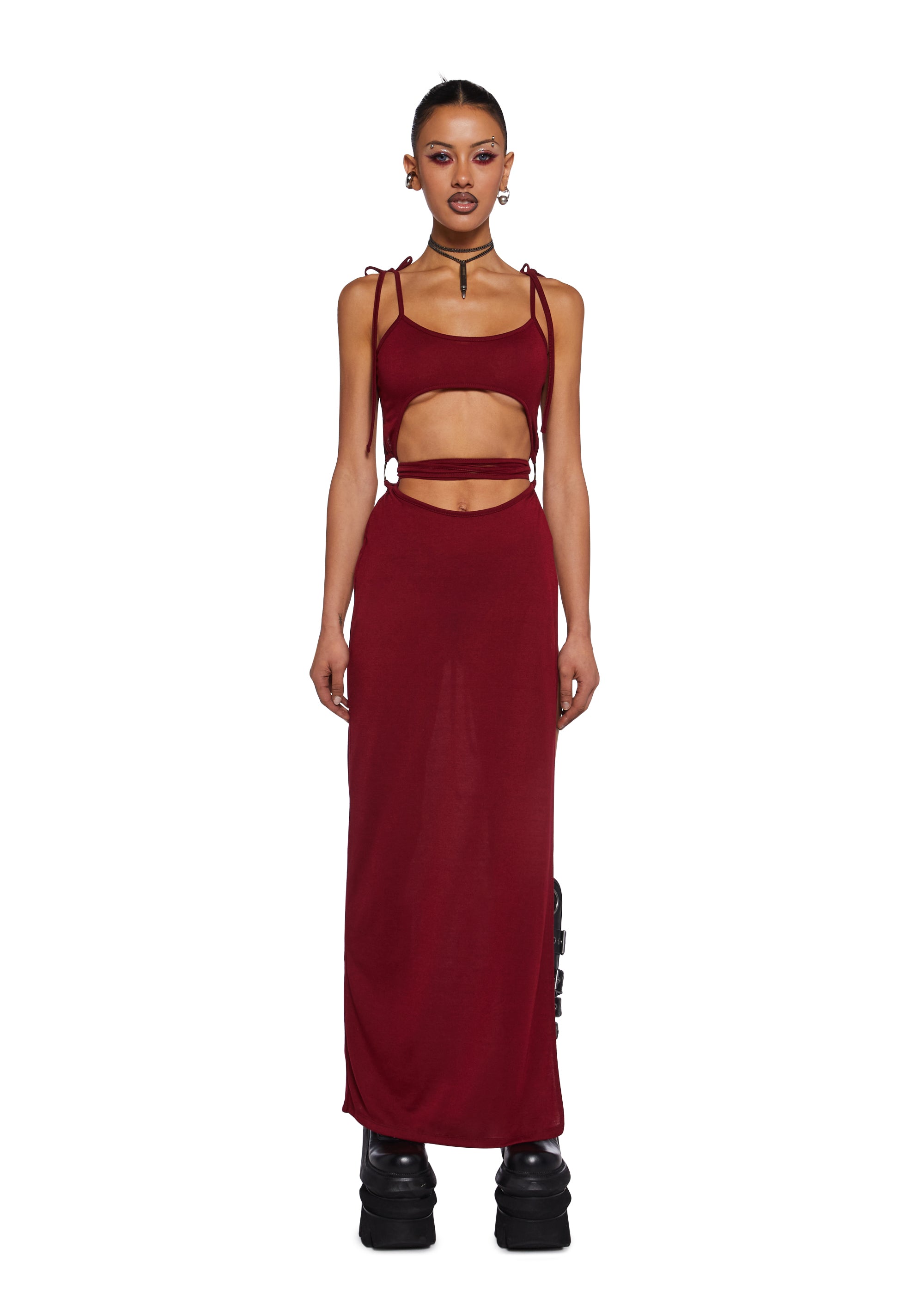 Darker Wavs Cut Out Maxi Dress With Tie Closures - Red Dolls Kill Darker Wavs Cut Out Maxi Dress With Tie Closures - Red Dolls Kill