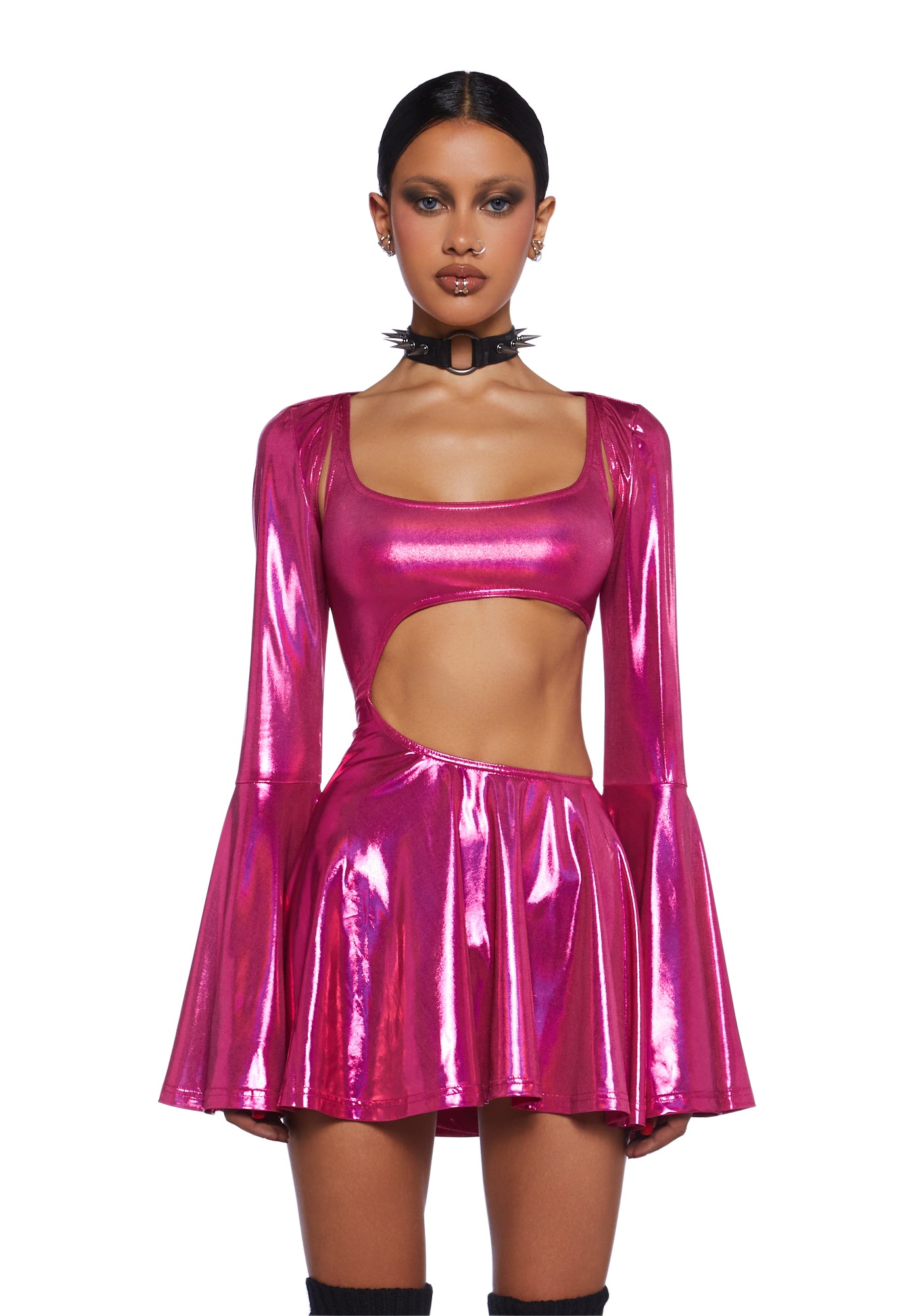 pink disco dress Club Exx Future Girl Techno Stretchy Metallic Knit Cutout Mini Dress And Shrug Set