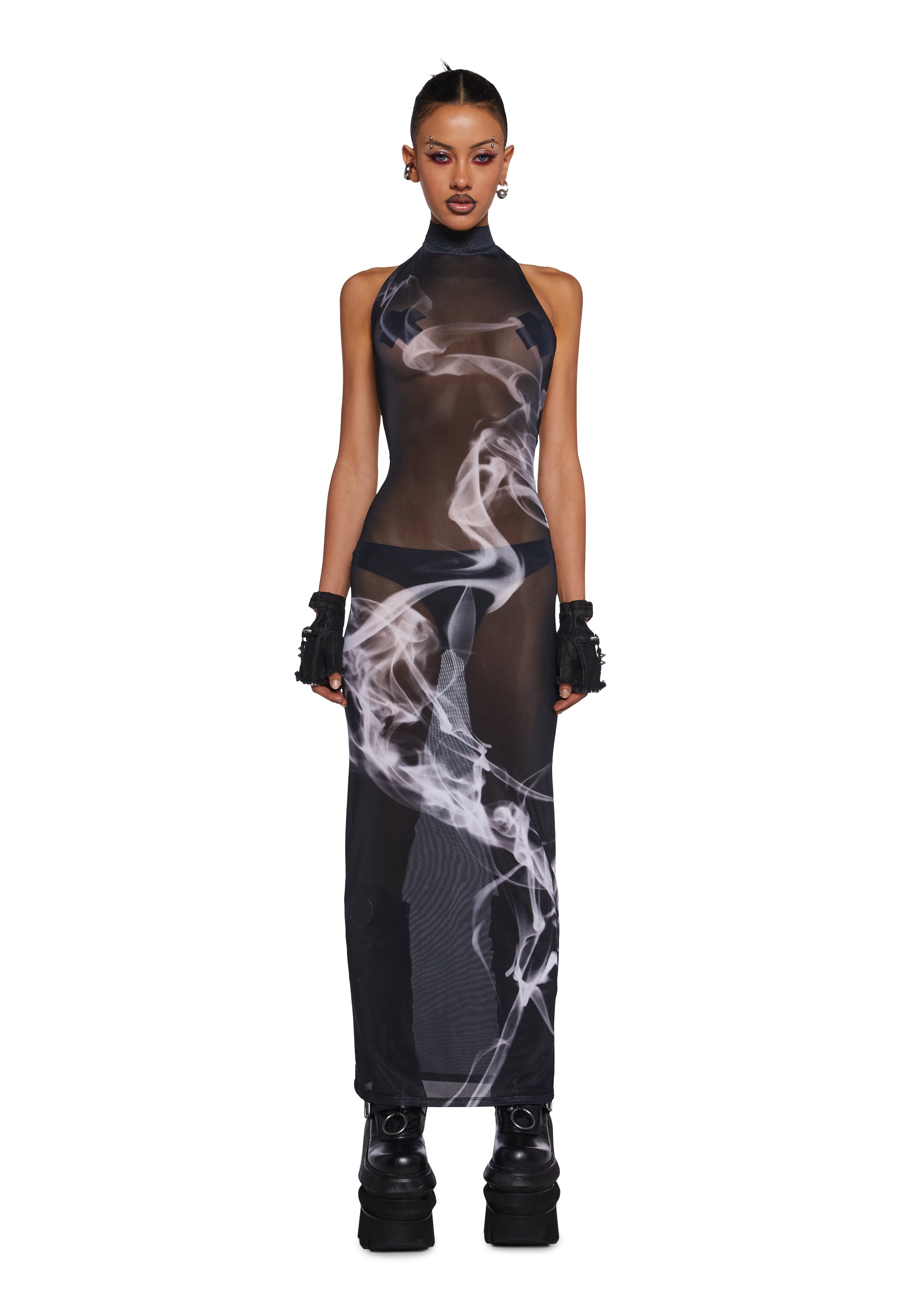 Darker Wavs Smoke Print High Mock Neckline Maxi Dress