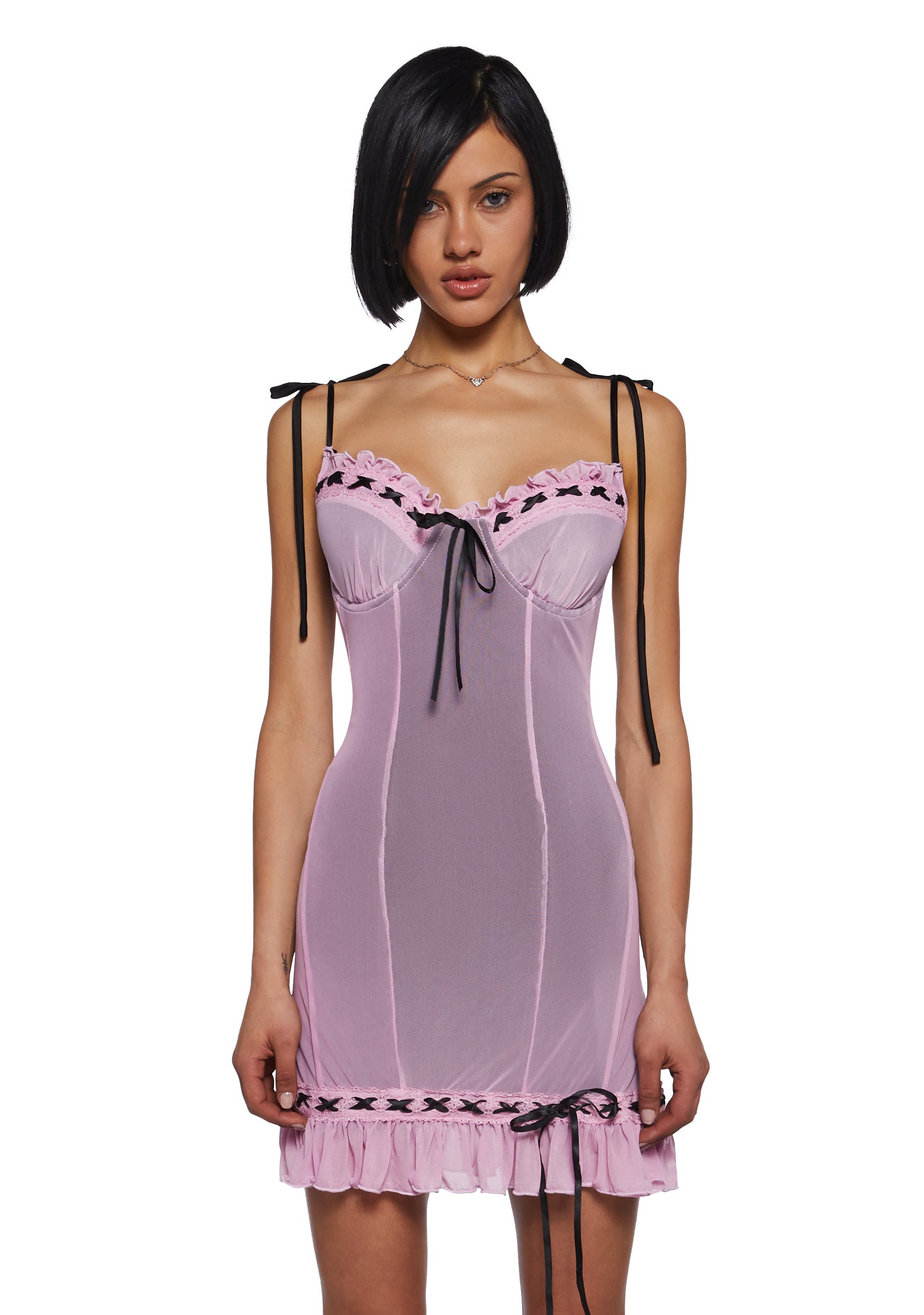 Current Mood Mesh Overlay Ribbon Mini Slip Dress