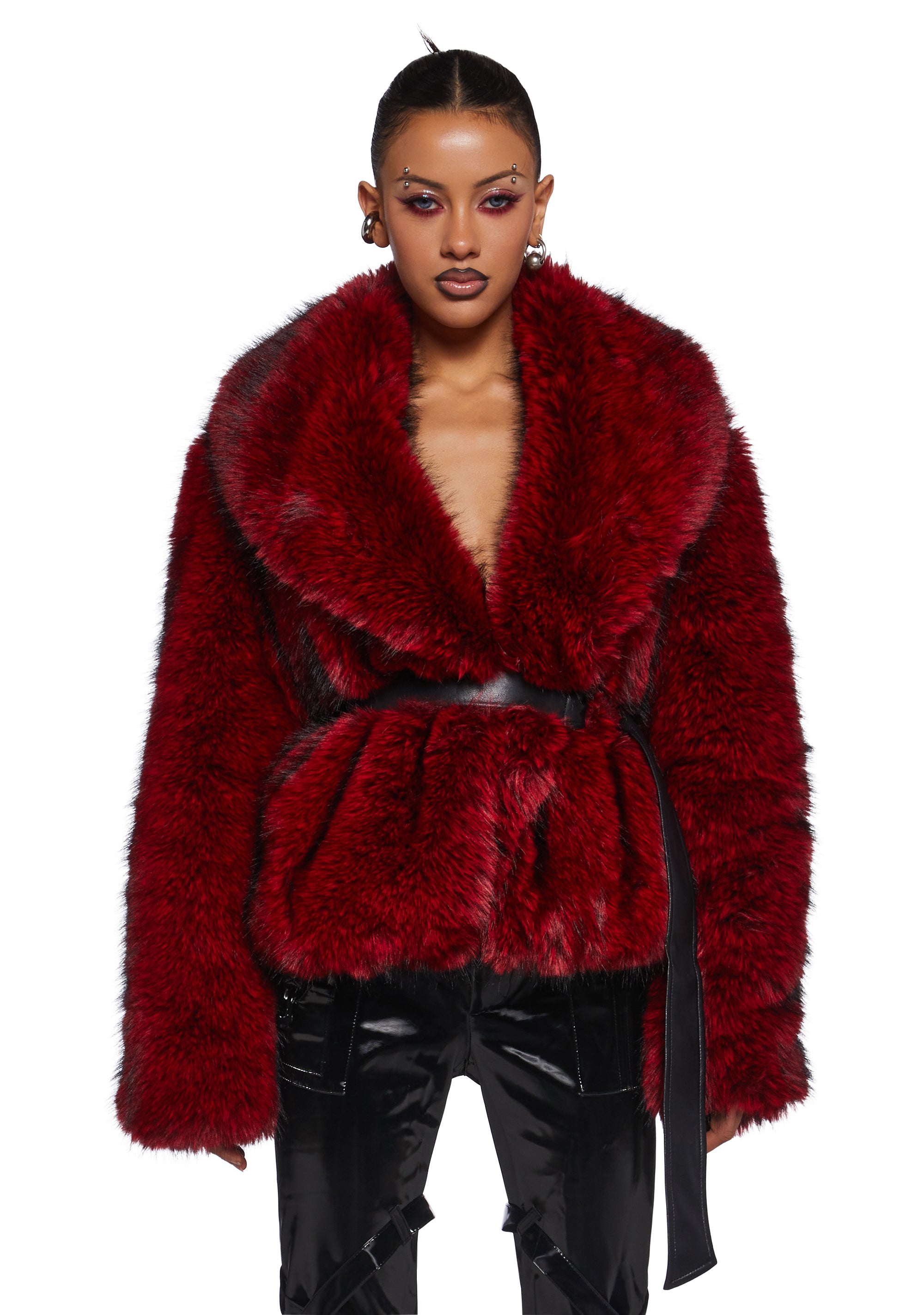 Darker Wavs Diatonic Faux Fur Lined Vegan Leather Belted Coat Red Dolls Kill