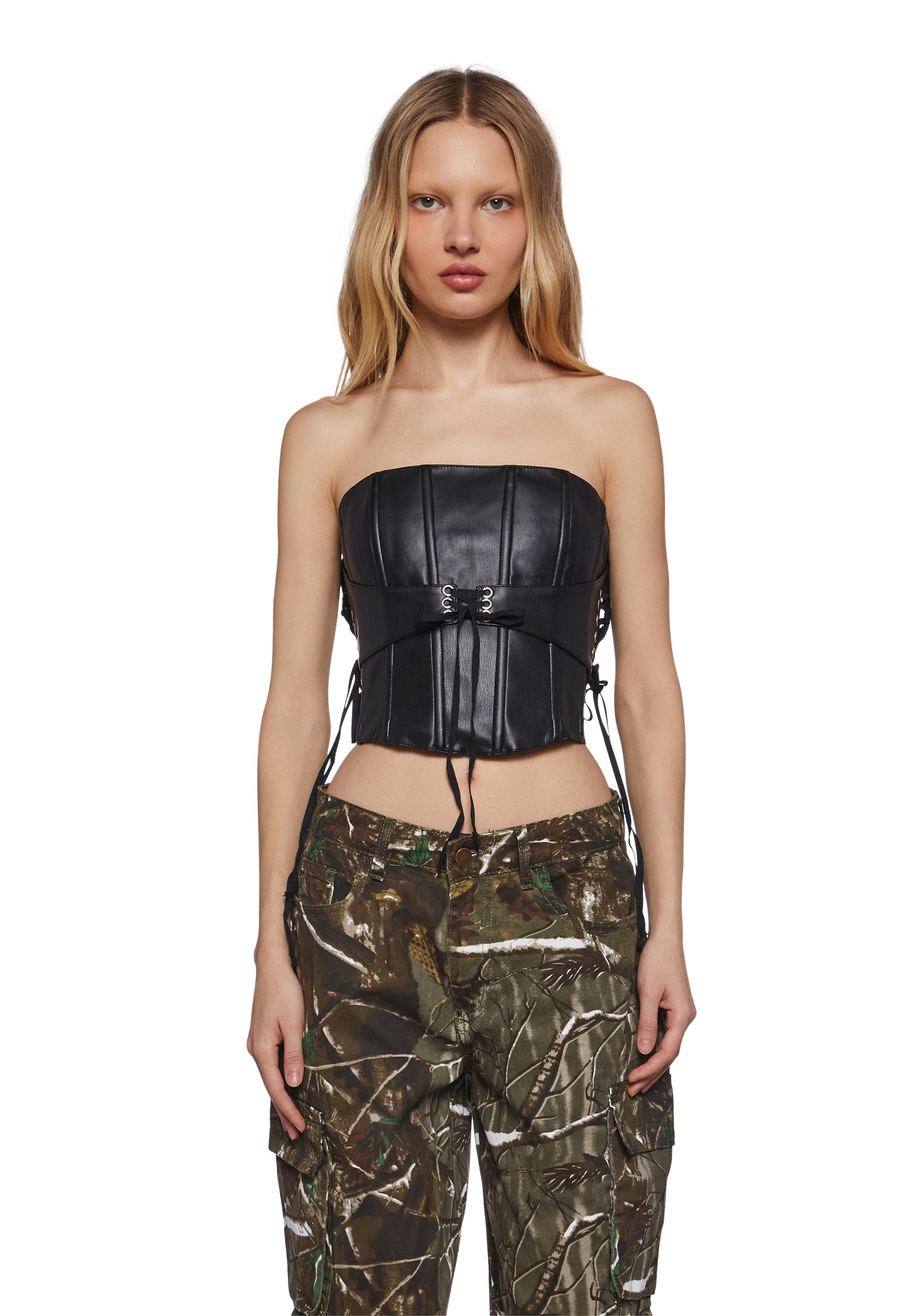 Generation Kiss Vegan Leather Lace-Up Underbust Corset Top - Black