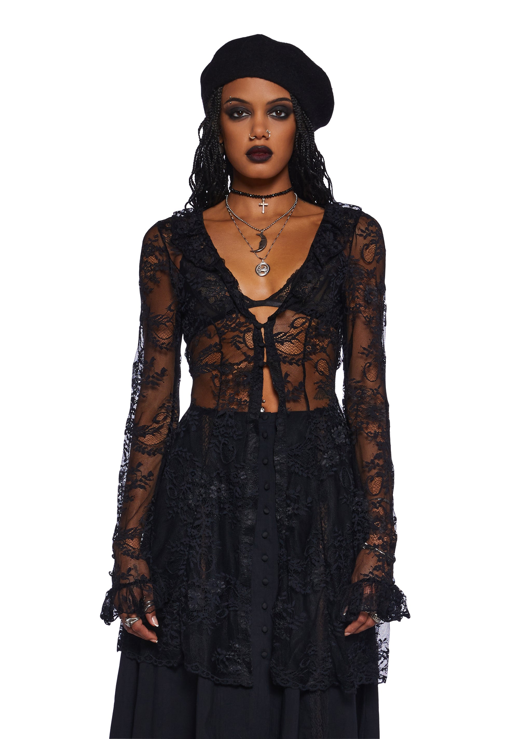 Widow Sheer Floral Lace Long Sleeve Top With Front Button Closures Witch