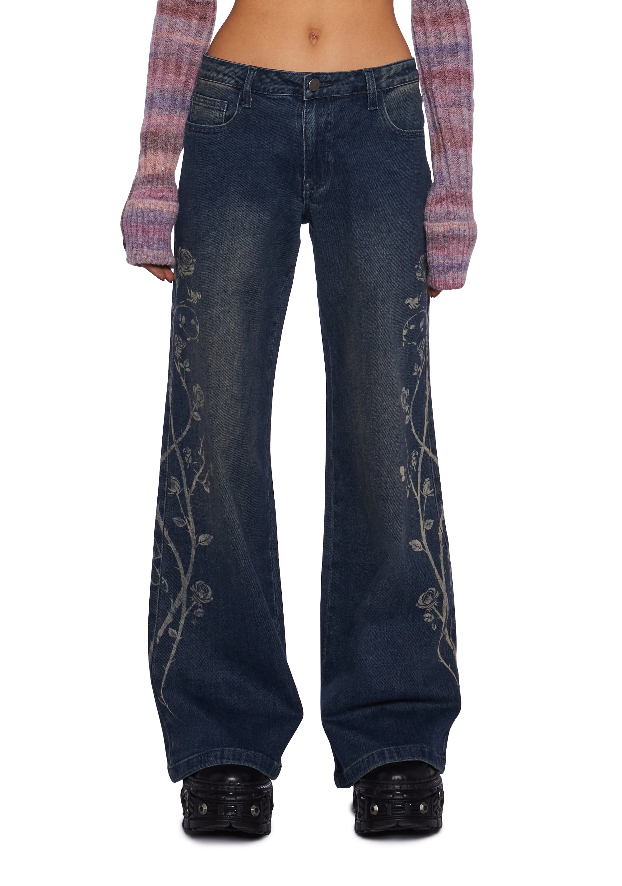 Current Mood Rose Graphic Wide Leg Jeans Blue – Dolls Kill