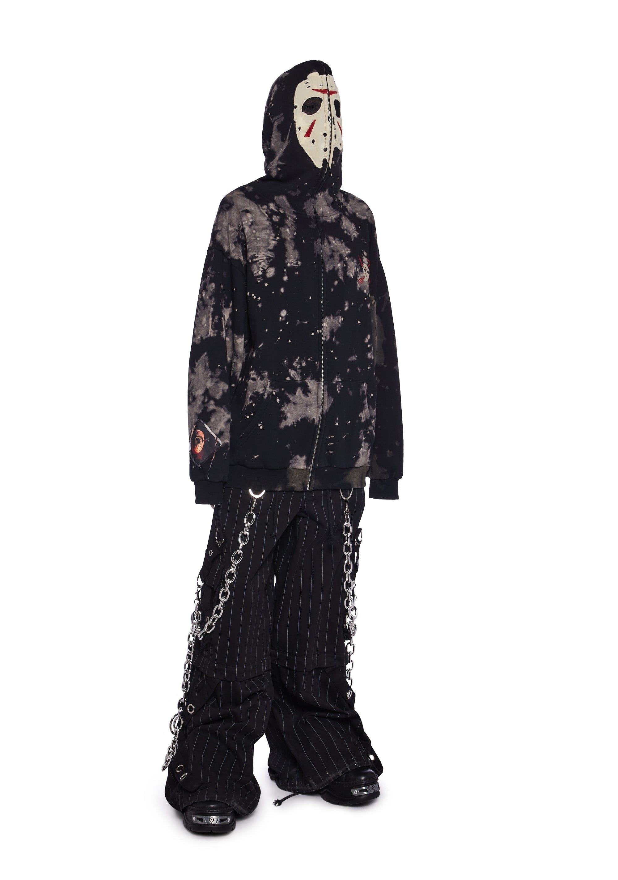 Dolls Kill x Friday the 13th Jason Voorhees Horror Slasher Movie Mask Distressed Zip Up Hoodie Black