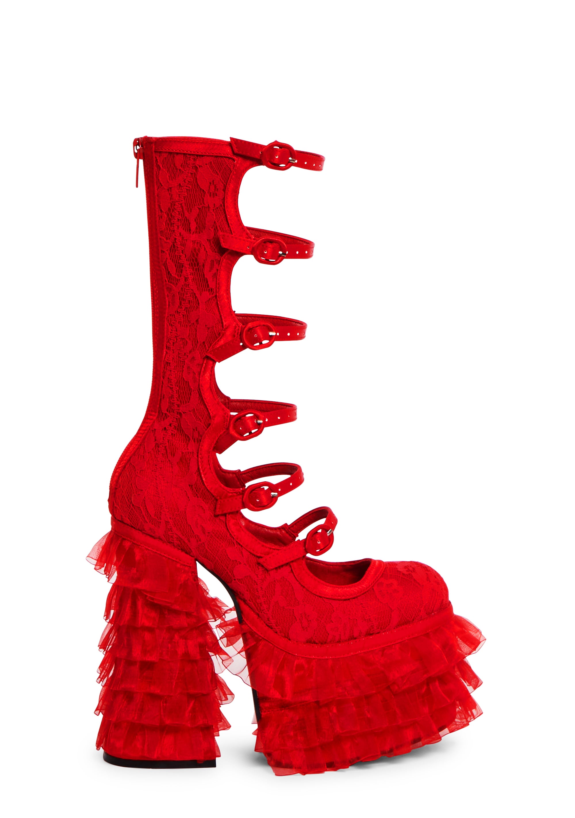 Dolls Kill x Beetlejuice Lydia Deetz Paranormal Ghost Bride Floral Lace Buckled Platform Boots Red