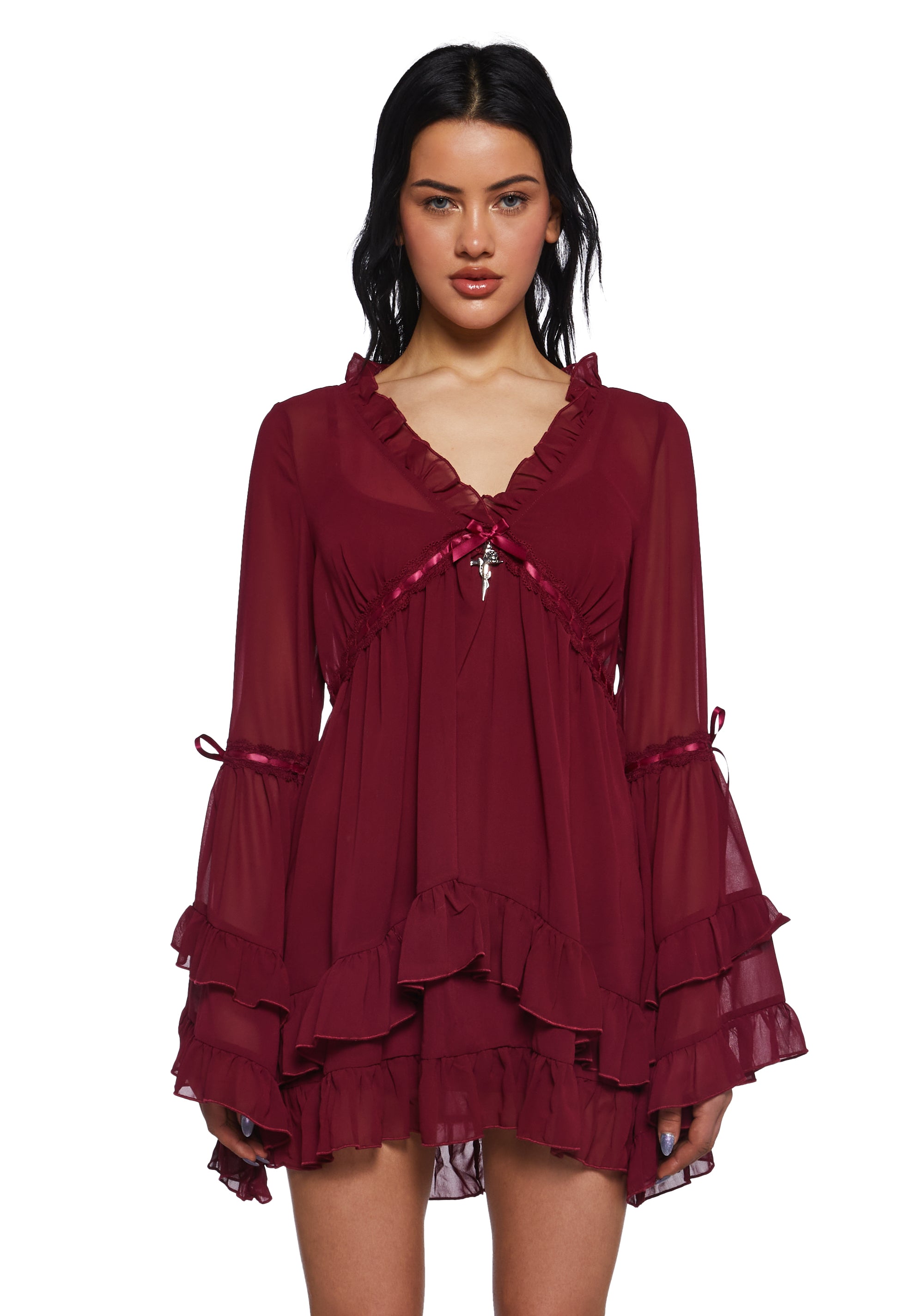 Widow Chiffon Mini Dress With Bell Sleeves And Cross Charm - Dark Red Dolls Kill Widow Chiffon Mini Dress With Bell Sleeves And Cross Charm - Dark Red Dolls Kill