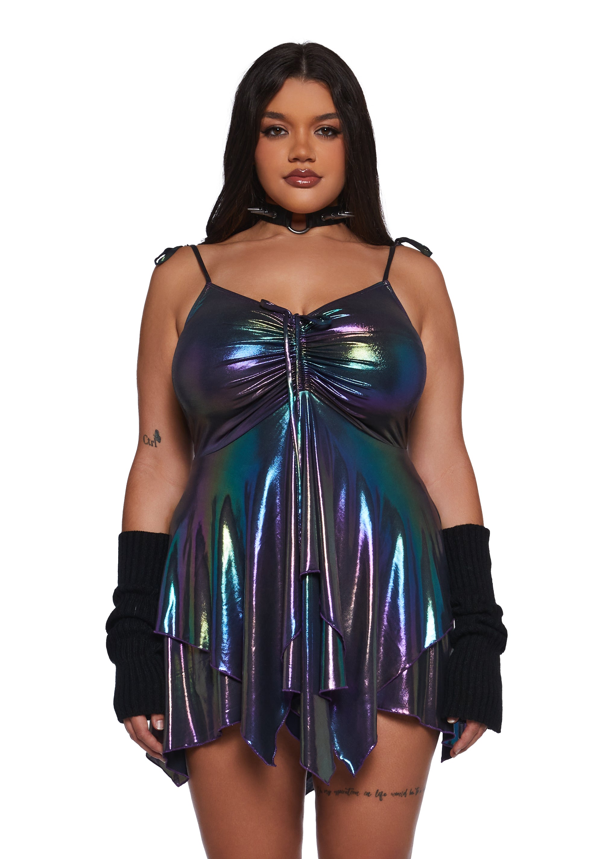 Plus Size Rave Fairycore Festival Fairy Metallic Holo Oil Slick  Handkerchief Dress Club Exx