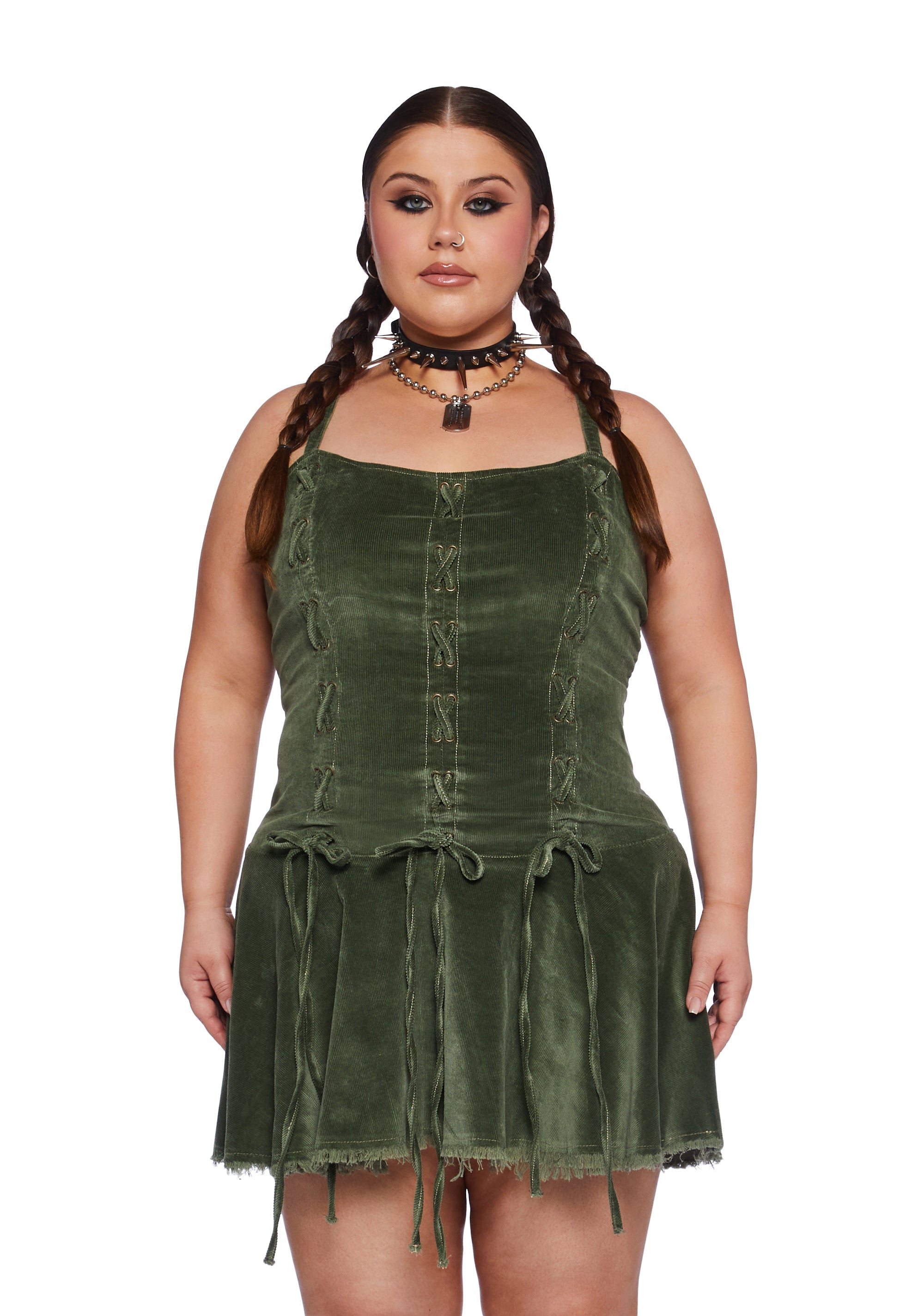 Plus Size Current Mood Corduroy Mini Dress With Lace Ups - Green Dolls Kill Plus Size Current Mood Corduroy Mini Dress With Lace Ups - Green Dolls Kill