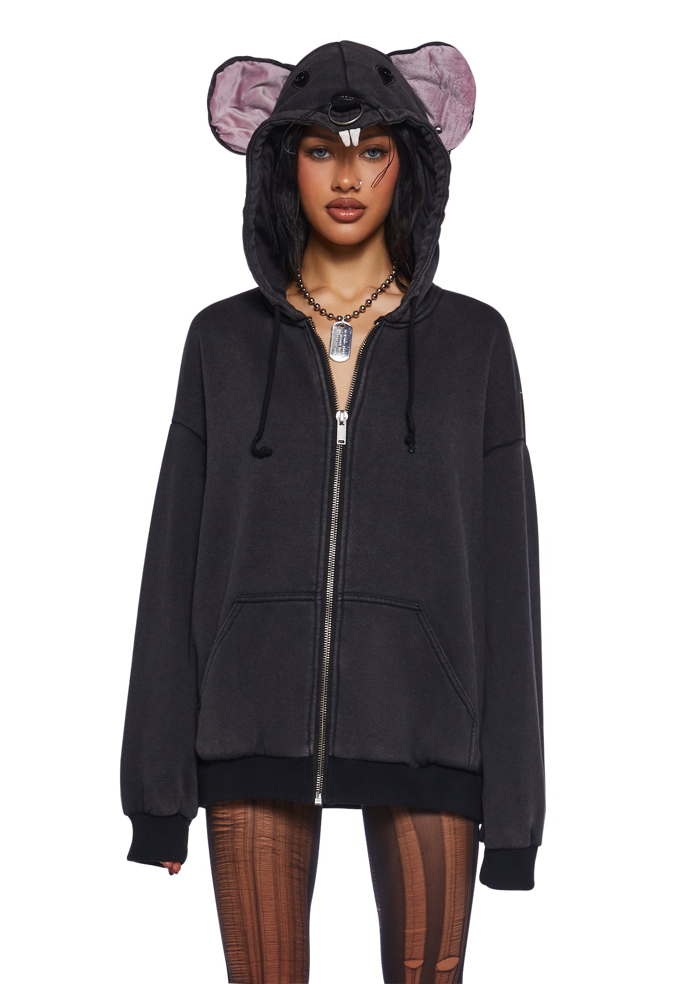 Dolls Kill Rat Head Zip Hoodie Gray - Main Image