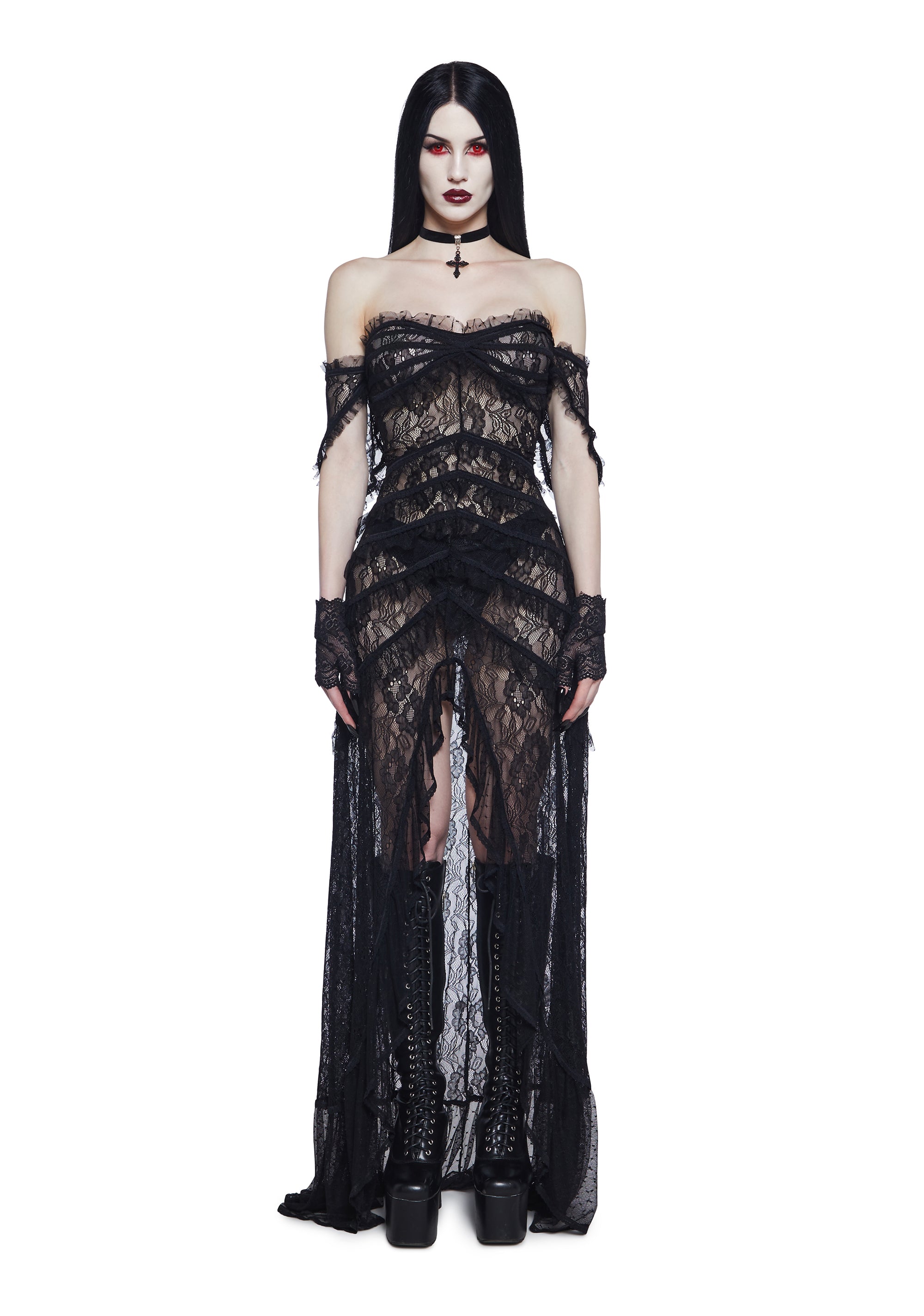chinese dress ladies Widow Sheer Strapless Lace Mesh Maxi Dress With Tiers