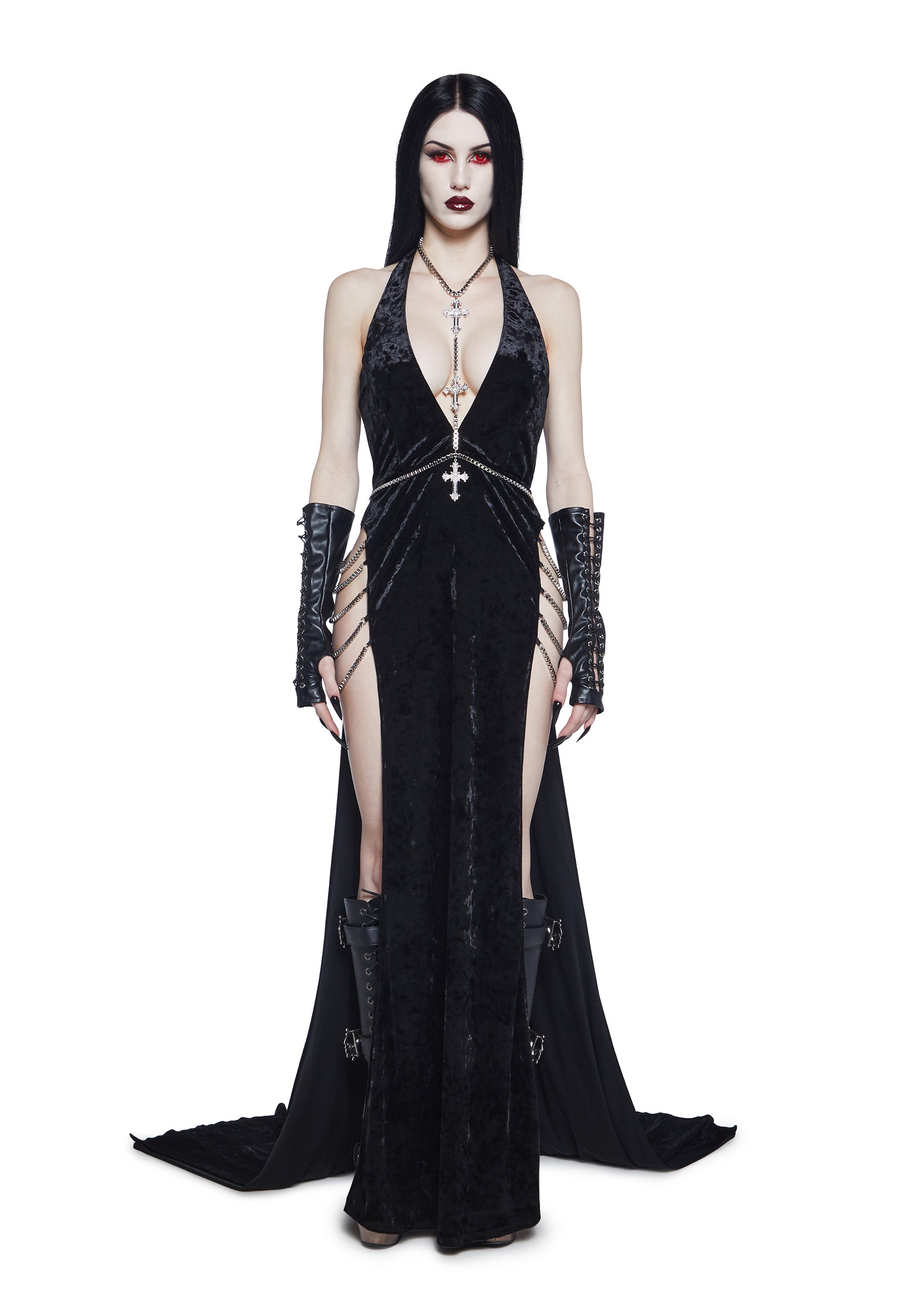 Unholy Velvet Halter High Slit Draped Chain Deep V-Neckline Maxi Dress