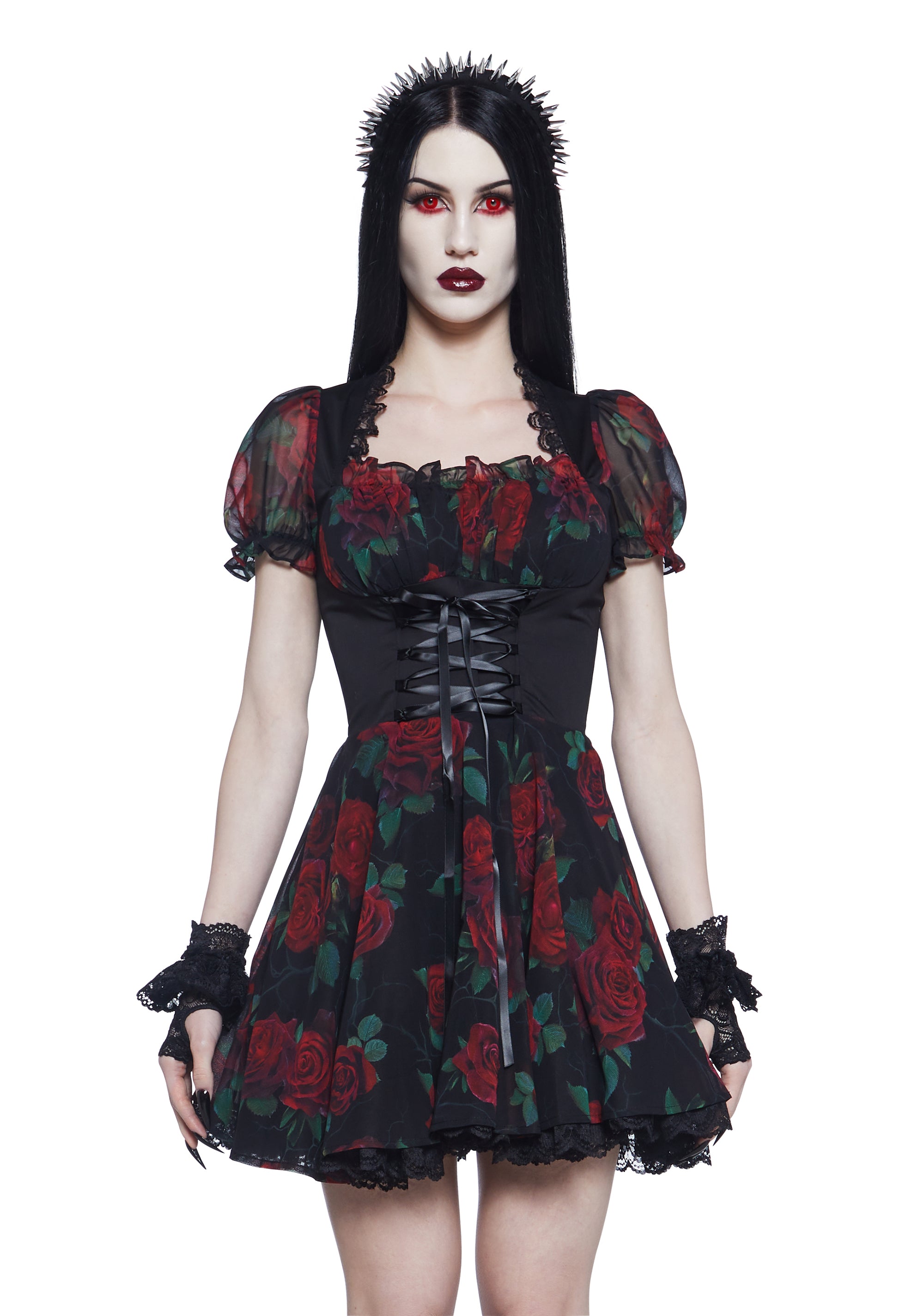Widow Vampire Goth Rose Print Ruched Underbust Bustier Corset Dress - Multi Dolls Kill Widow Vampire Goth Rose Print Ruched Underbust Bustier Corset Dress - Multi Dolls Kill