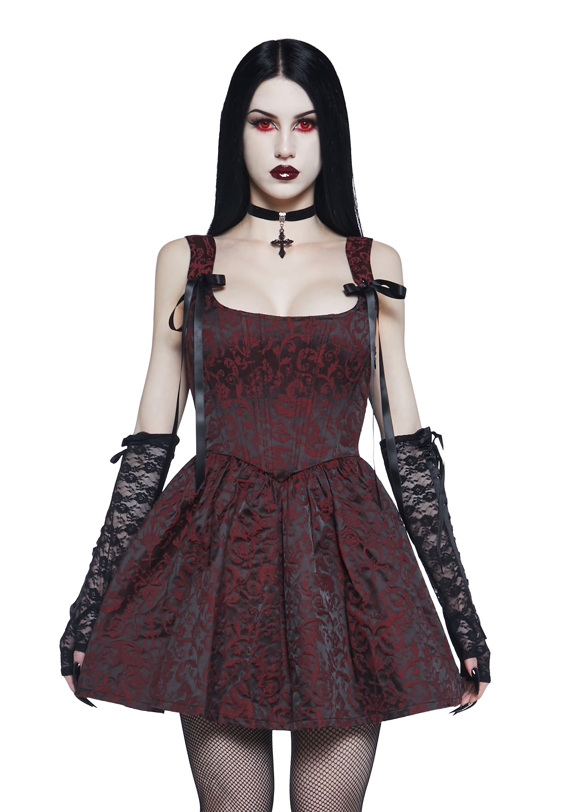 Widow Brocade Lace Up Mini Dress - Red Dolls Kill Widow Brocade Lace Up Mini Dress - Red Dolls Kill