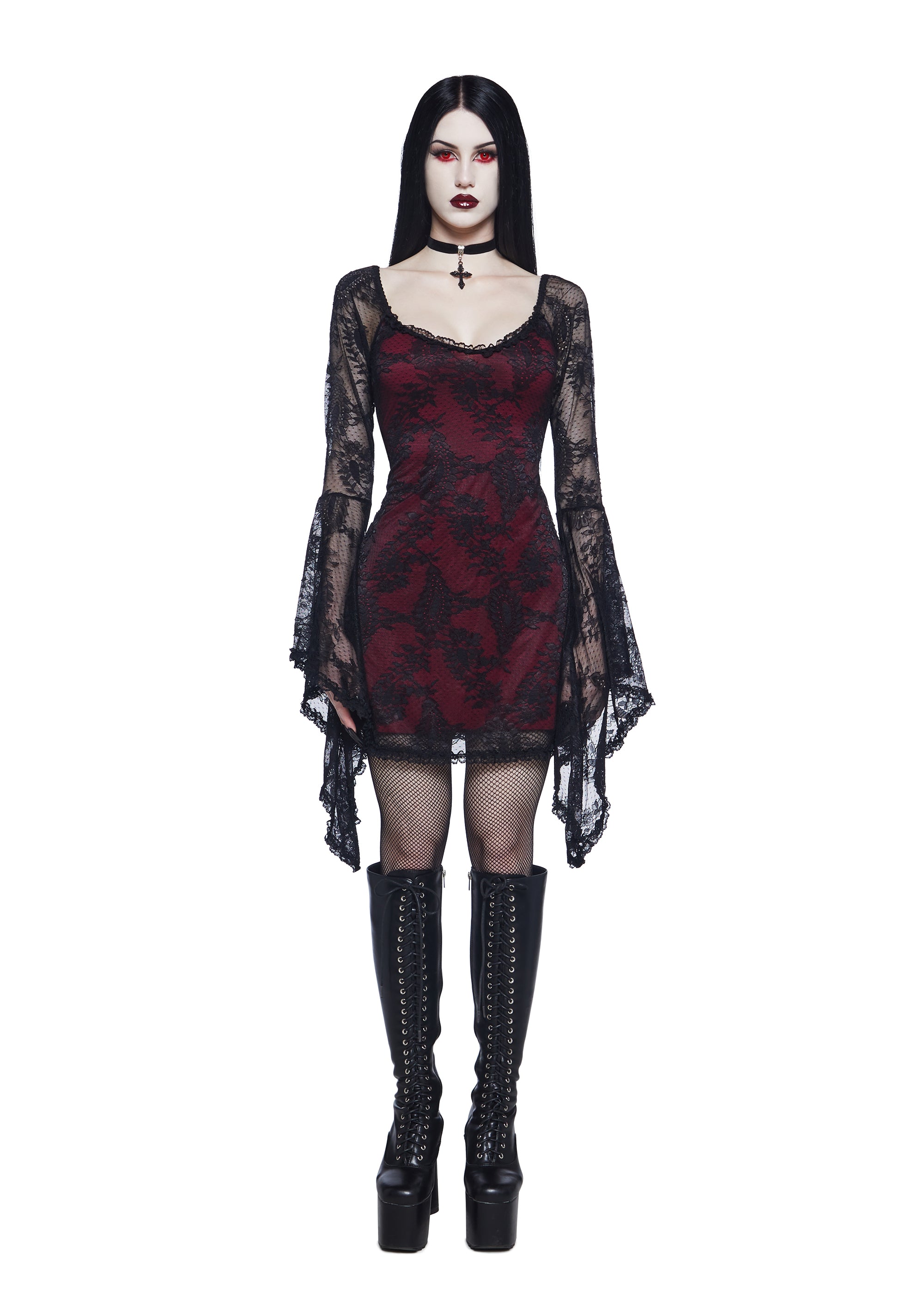 dolls kill lace dress Dark In Love Black Lace Sleeve Mini Dress